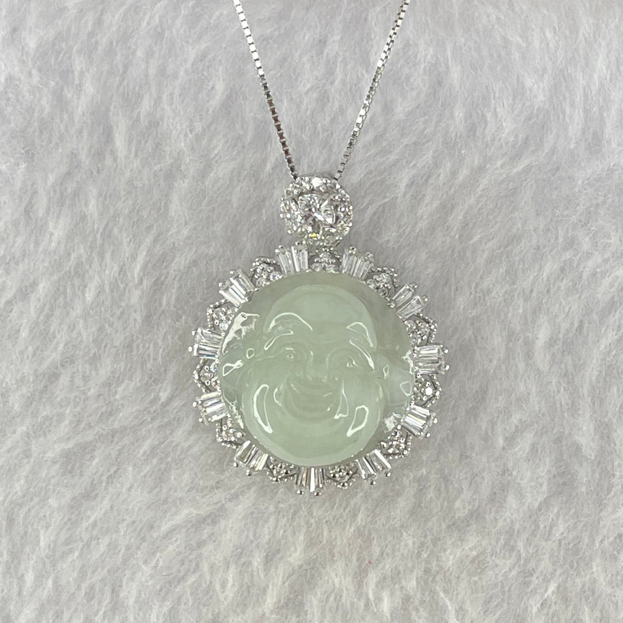 Type A Faint Green Lavender Milo Buddha with Crystals in S925 Sliver Pendant and Necklace 6.77g 16.5 by 16.5 by 7.5mm - Huangs Jadeite and Jewelry Pte Ltd