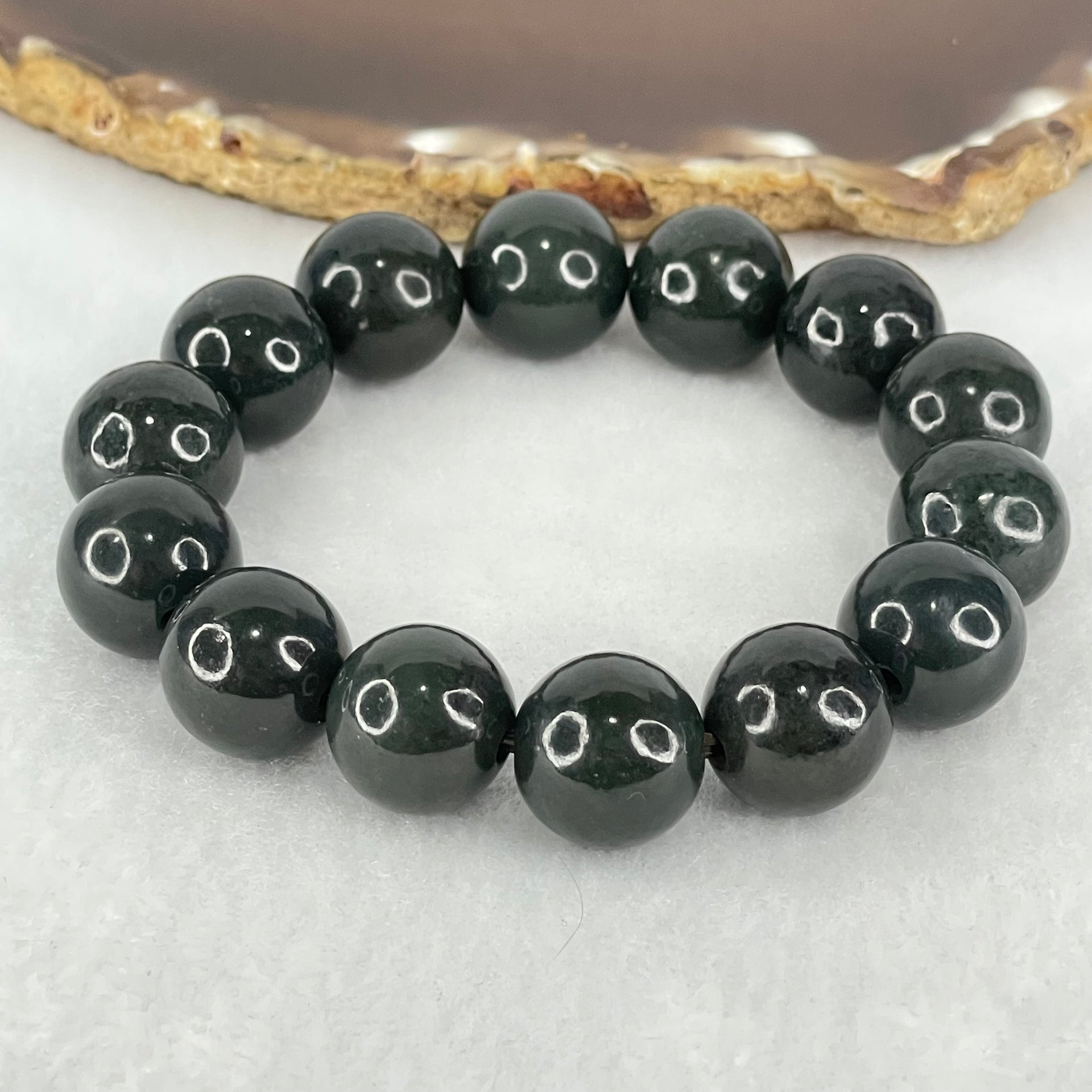 Natural Dark Green Nephrite Beads Bracelet 72.84g 17cm 14mm - Huangs Jadeite and Jewelry Pte Ltd