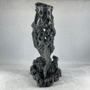 Natural Dark Green Serpentine Carp Fish with Wooden Stand Display 1,119.0g 175.0 by 100.0 by 240.0mm - Huangs Jadeite and Jewelry Pte Ltd