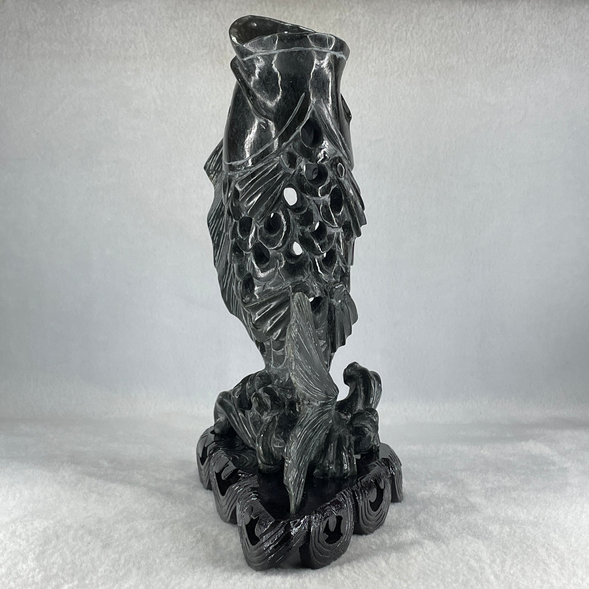 Natural Dark Green Serpentine Carp Fish with Wooden Stand Display 1,119.0g 175.0 by 100.0 by 240.0mm - Huangs Jadeite and Jewelry Pte Ltd