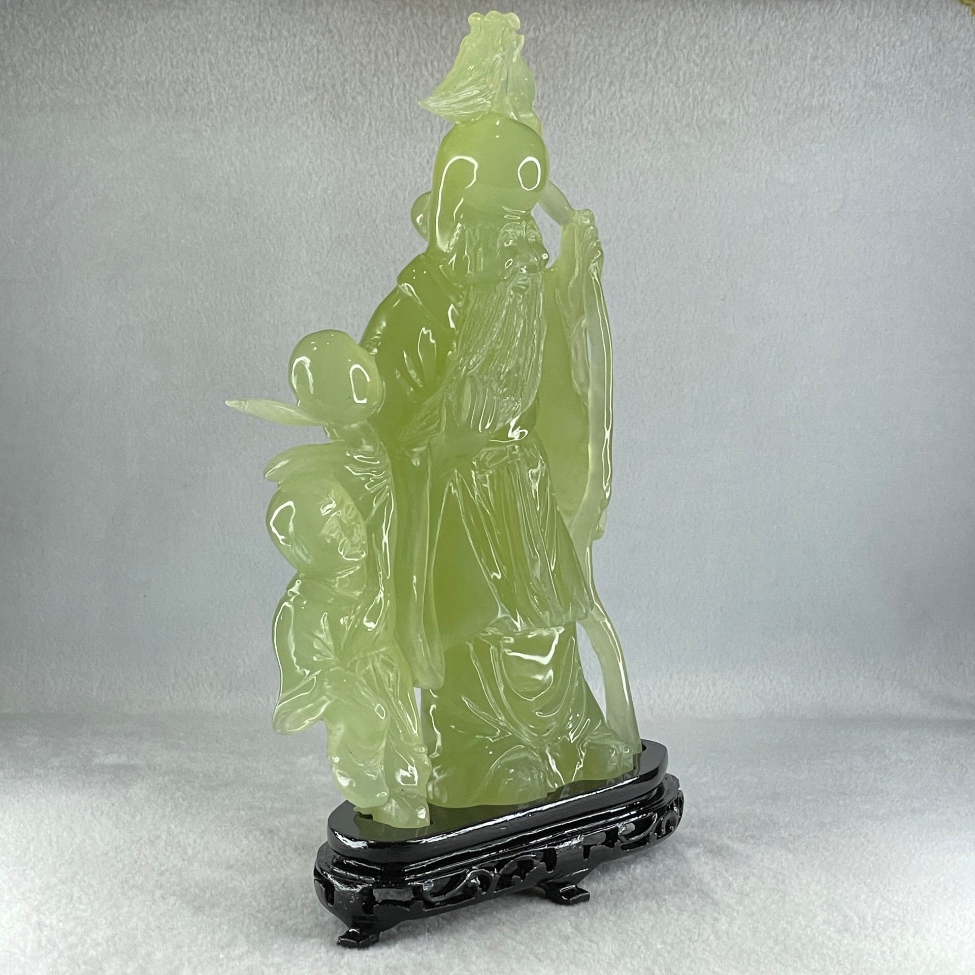 Natural Green Serpentine Shou Xing Gong and Tong Zi with Wooden Stand Display 1,535.1g 160.0 by 276.0 by 68.0mm - Huangs Jadeite and Jewelry Pte Ltd