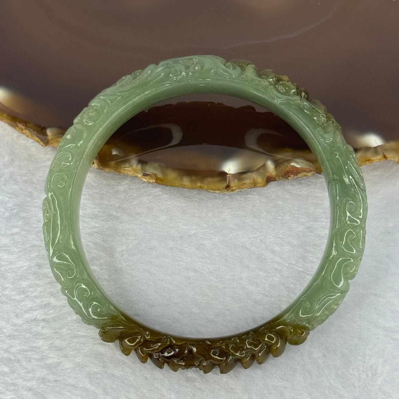 Type A Blueish Green and Brown Patches Jadeite Lotus Flowers Bangle 39.19g Internal Diameter 55.2mm 10.9 by 8.2mm - Huangs Jadeite and Jewelry Pte Ltd