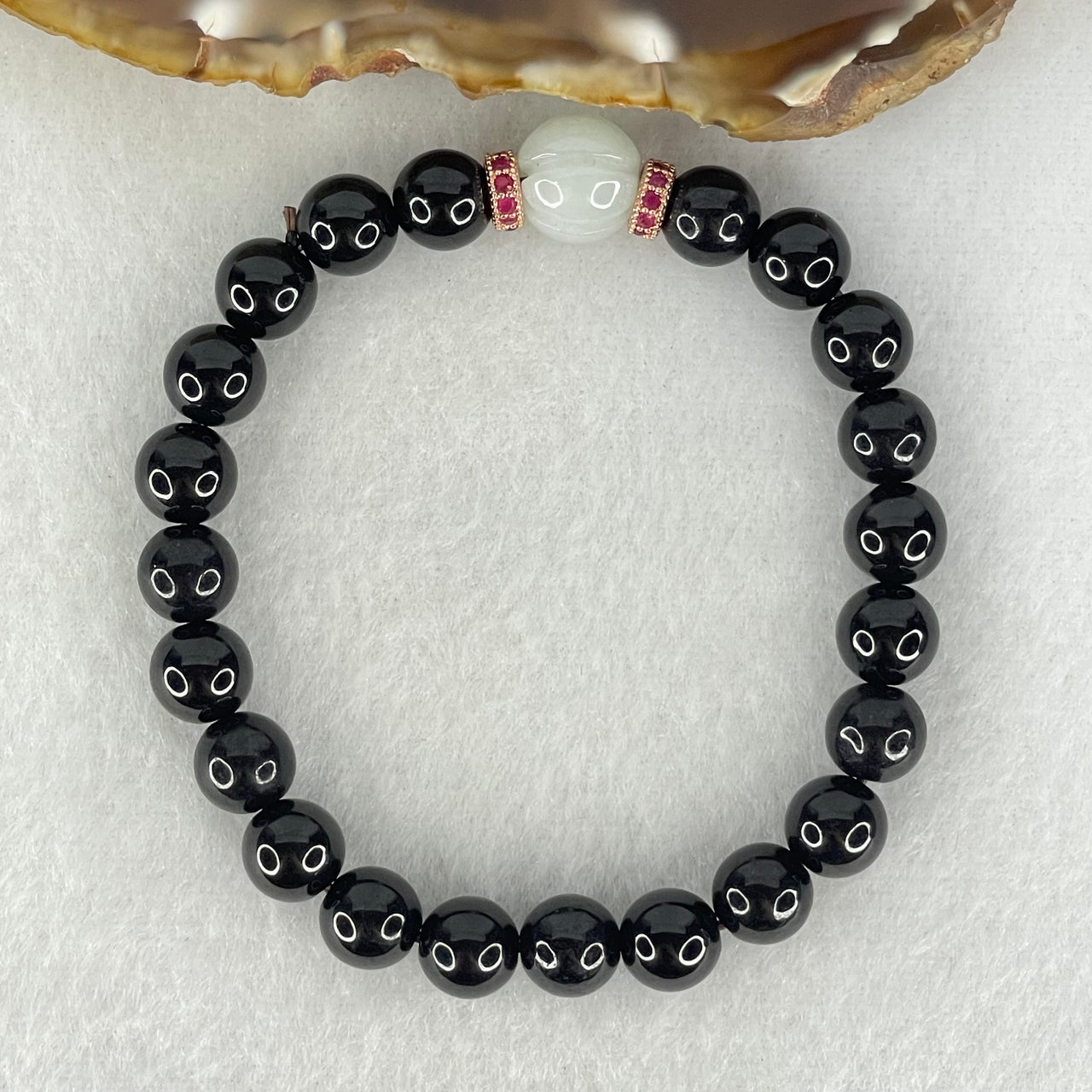 Type A Opaque Black Omphasite Jadeite Beads with Faint Green Jadeite Melon Charm Bracelet 21.49g 15.5cm 8.0mm 22 Bead 10.1 by 9.3m 1 Bead - Huangs Jadeite and Jewelry Pte Ltd