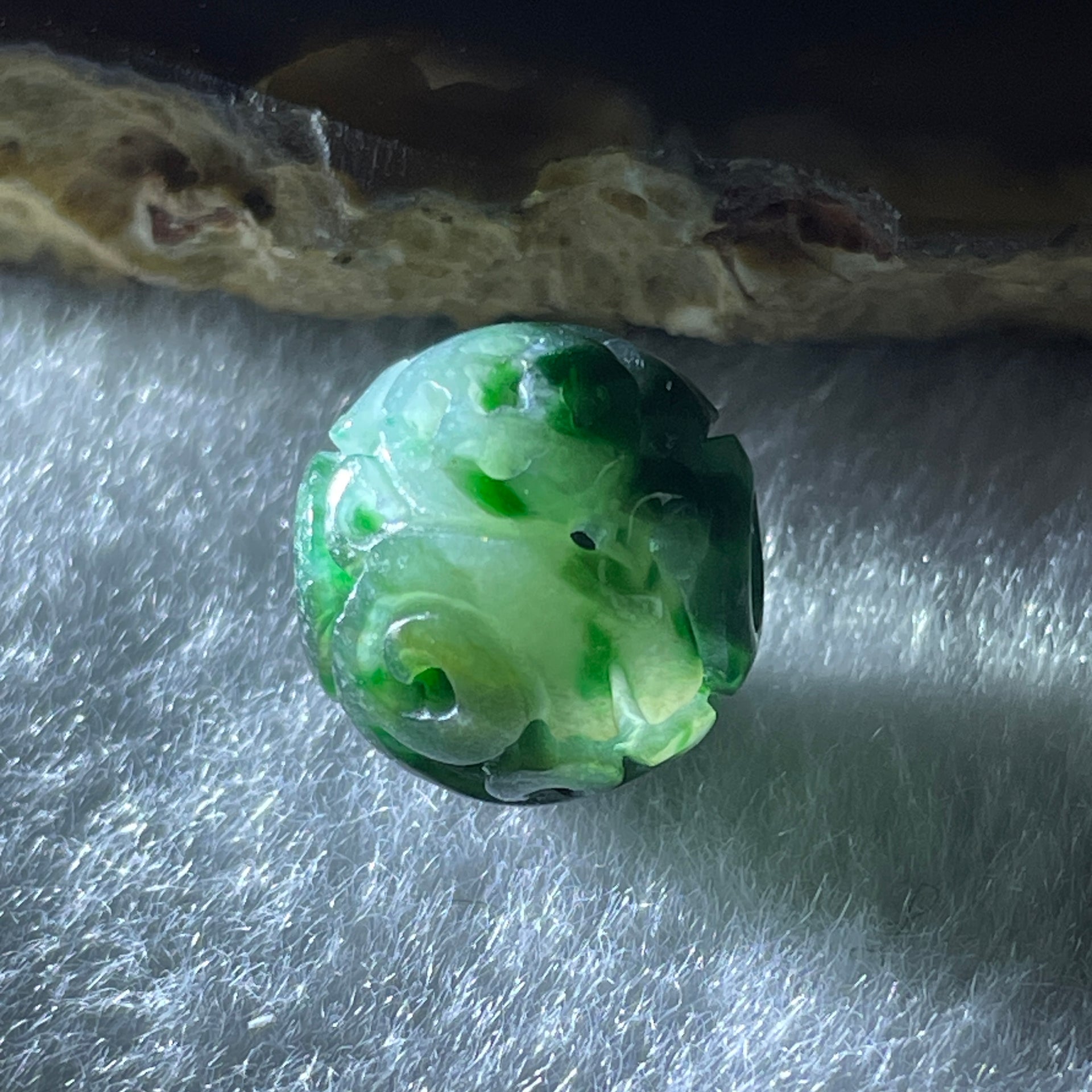 Natural Type A Lao Keng Old Mine Green with Light Green Jadeite Flora Carving Bead Charm 1.91g 12.5mm - Huangs Jadeite and Jewelry Pte Ltd