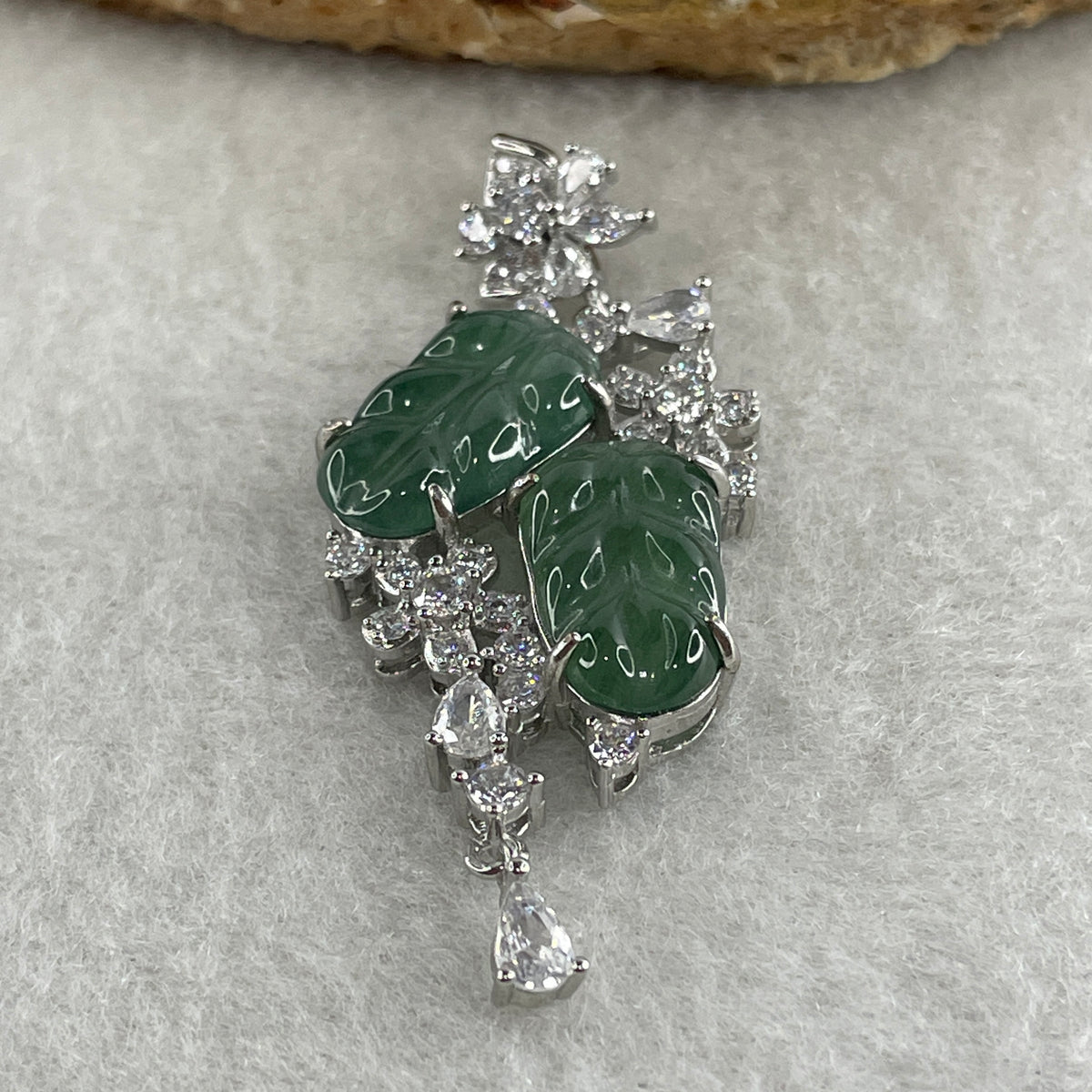 Natural Type A Icy Blueish Green Jadeite Double Leaf Pendant in S925 Silver |  (4.97g | 14.5 x 9.5 x 1.5mm | Double Growth & Executive Success Anchor, Feng Shui Prosperity & Harmony Pendant) - Huangs Jadeite and Jewelry Pte Ltd