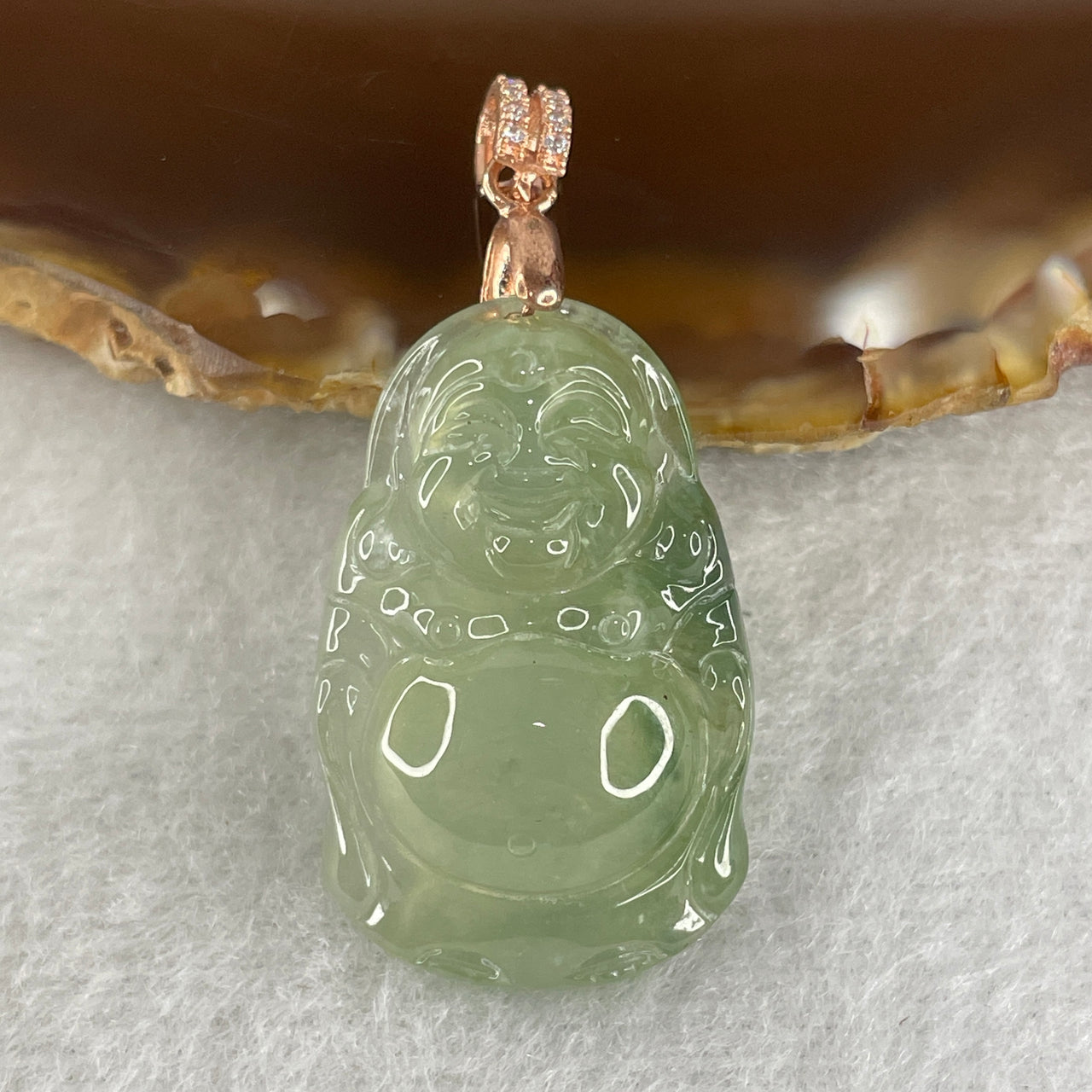 Natural Type A Icy Light Blueish Green Jadeite Milo Buddha Pendant | Rose Gold Color S925 Silver Clasp Laughing Buddha (6.55g)