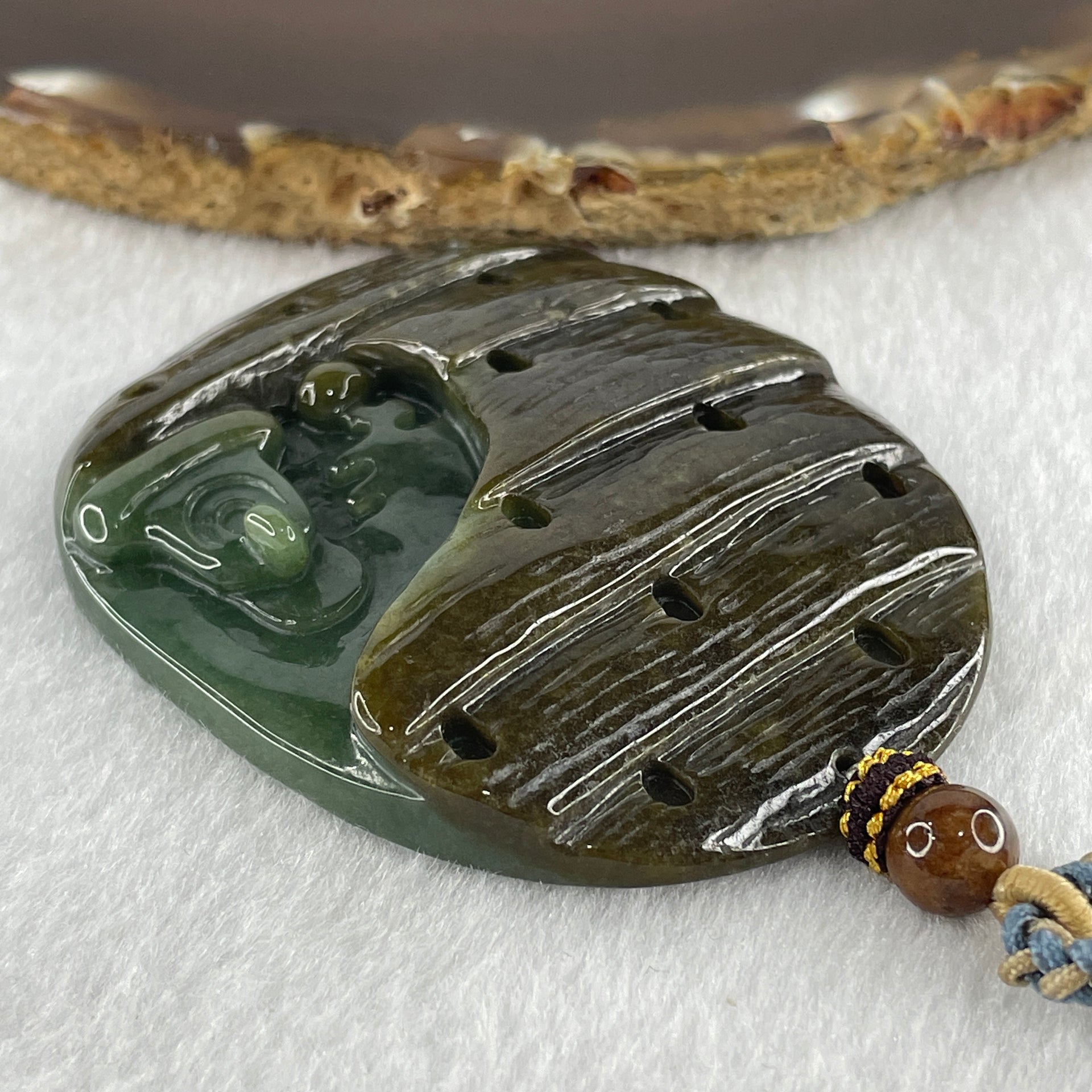 Natural Type A Brown with Blueish Green Jadeite Seeking Enlightenment Pendant 64.41g 63.8 by 51.7 by 10.9mm - Huangs Jadeite and Jewelry Pte Ltd