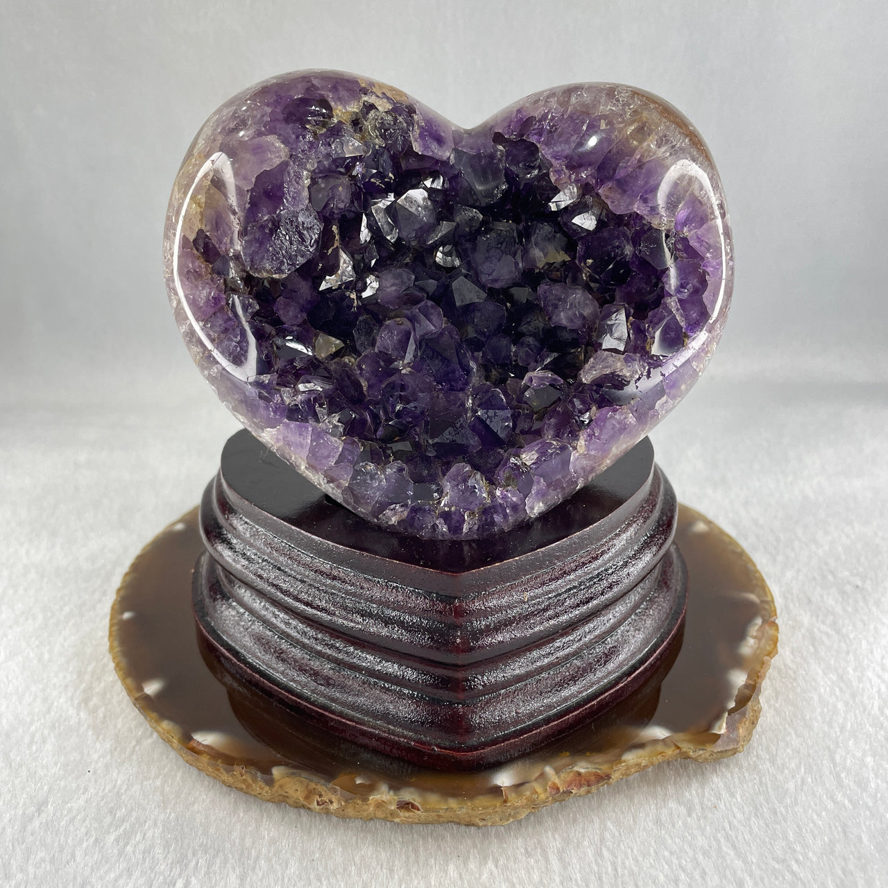 Natural Amethyst Heart Shape with Wooden Stand Display 784.3g 114.4 by 95.0 by 116.5mm - Huangs Jadeite and Jewelry Pte Ltd