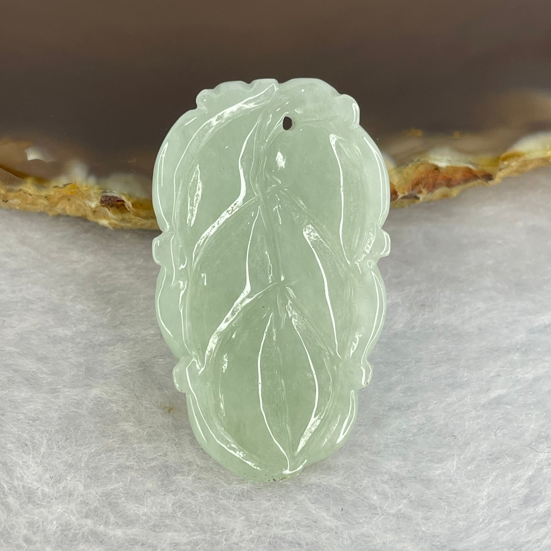 Type A Light Green Jadeite Leaf for Overnight Success 一夜发财 9.56g 37.7 by 22.5 by 5.8mm - Huangs Jadeite and Jewelry Pte Ltd