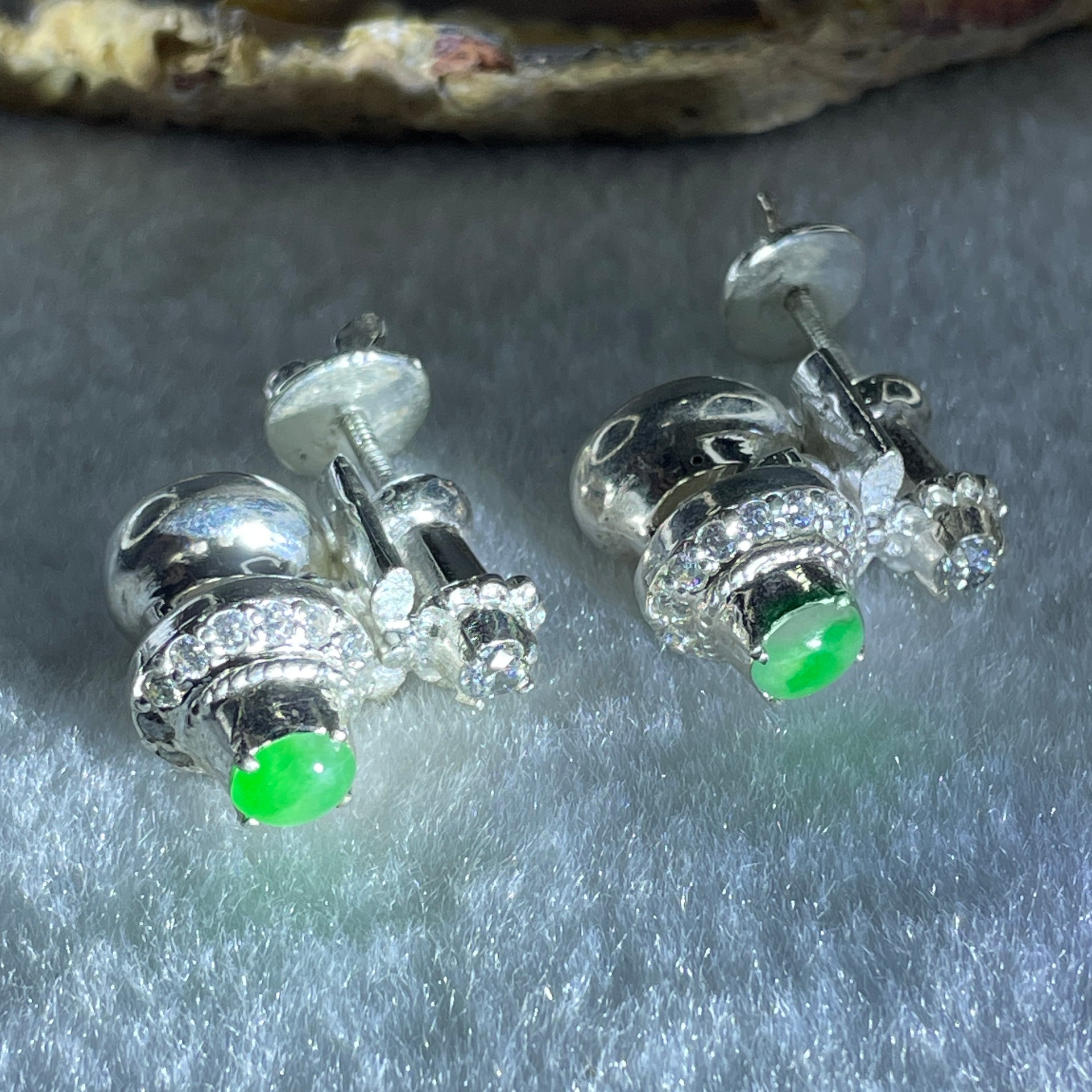 Type A Natural Semi Icy Green Jadeite Cabochon 6.2 by 5.5 by 2.5m Stone for Setting 22.45g (On Silver Earrings Mold) - Huangs Jadeite and Jewelry Pte Ltd