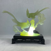 Natural Green Serpentine Double Phoenix with Wooden Stand Display 411.1g 25.0 by 70.0 by 170.0mm - Huangs Jadeite and Jewelry Pte Ltd