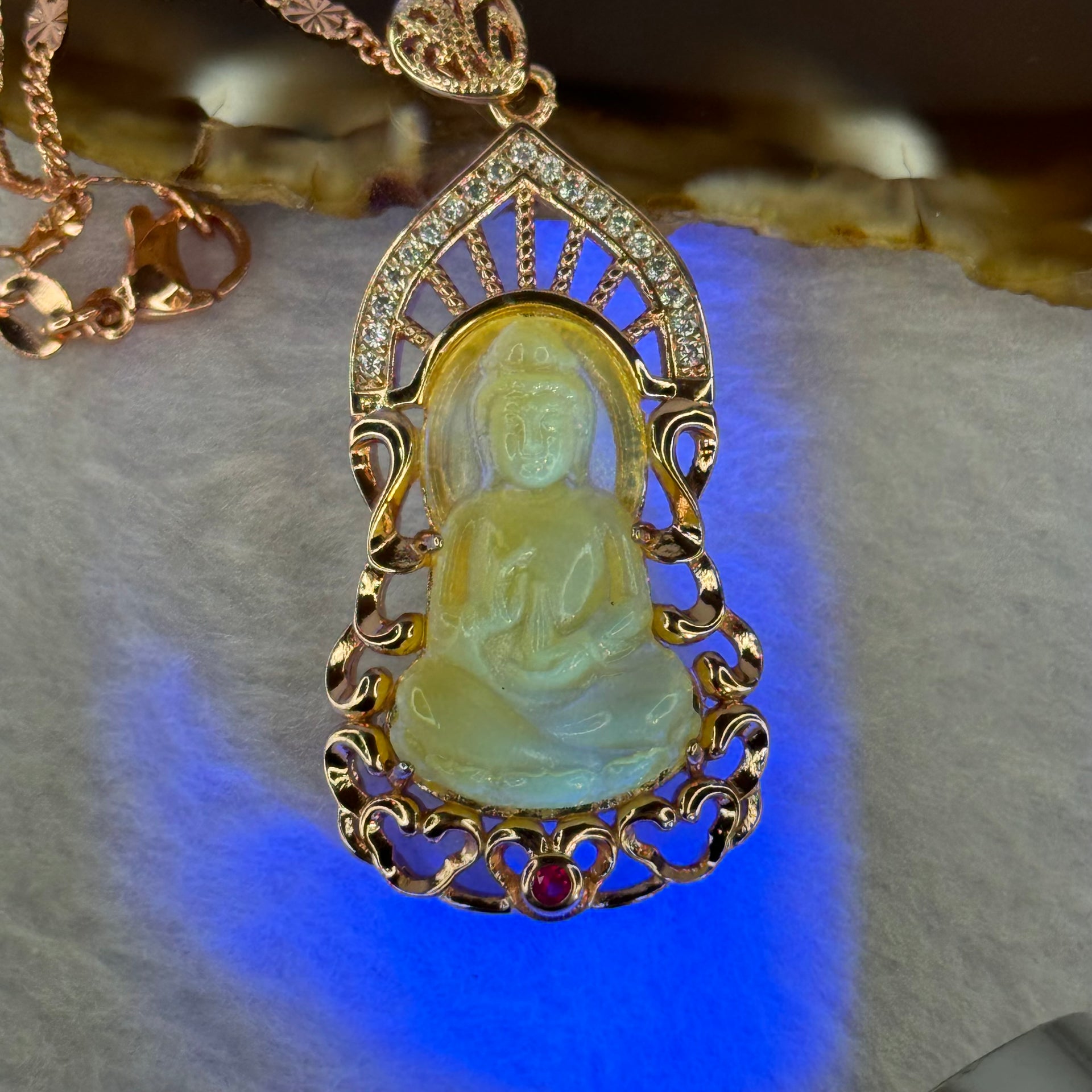 Natural Yellow Amber Guan Yin with Crystals in Silver Rose Gold Color Necklace 7.81g 16.5 by 8.1 by 3.0mm - Huangs Jadeite and Jewelry Pte Ltd