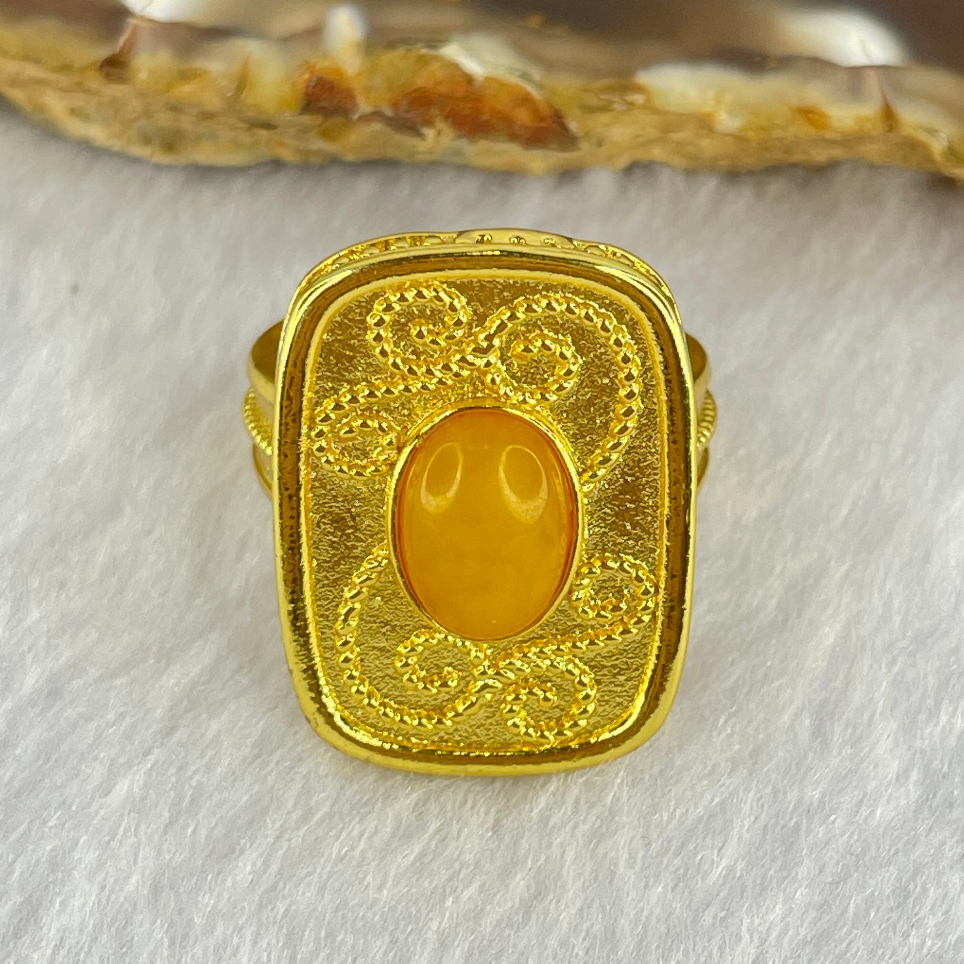 Natural Butterscotch Amber in  Sliver Gold Color Ring (Adjustable Size) 7.53g 10.2 by 6.6 by 3.5mm - Huangs Jadeite and Jewelry Pte Ltd