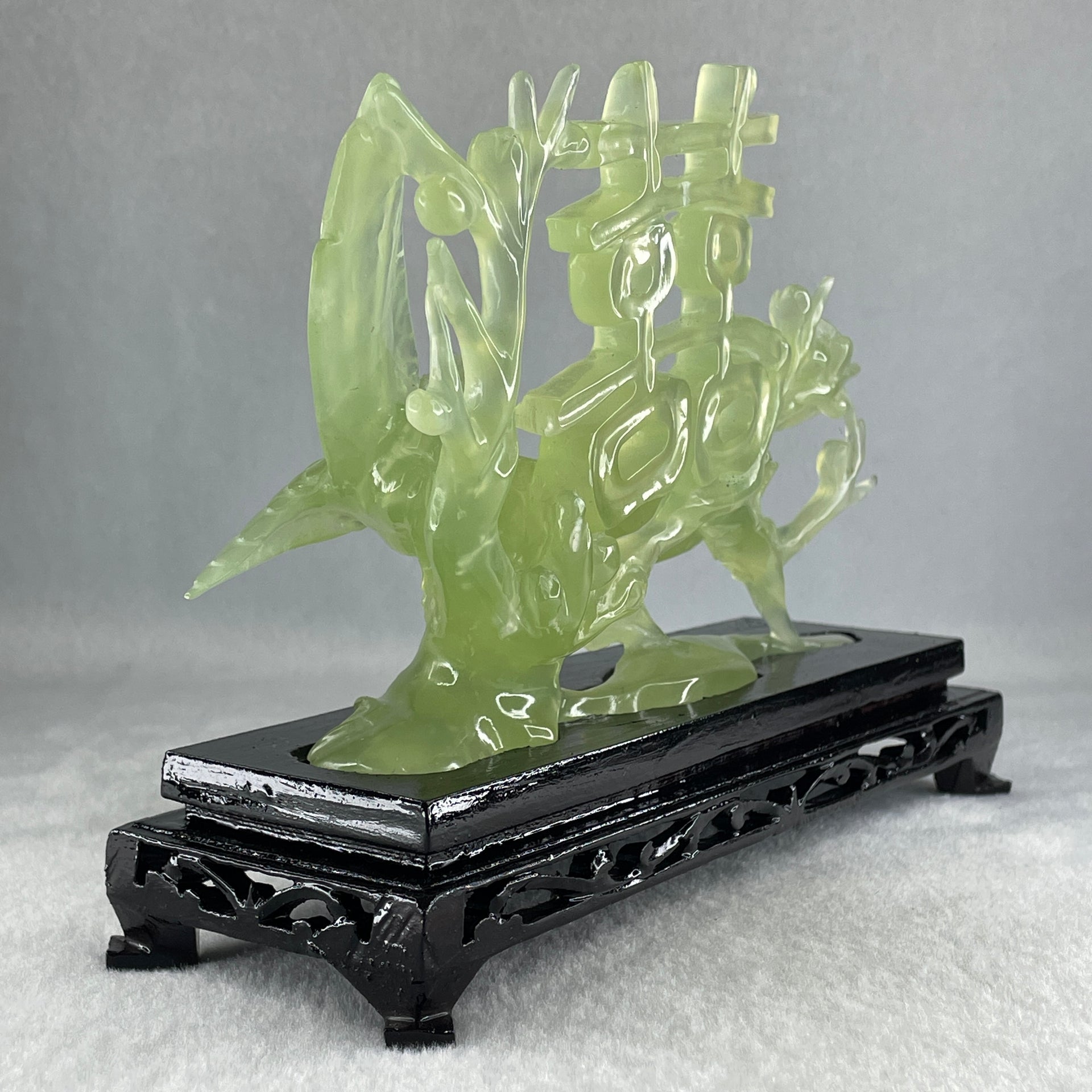 Natural Green Serpentine 囍 Double Happiness Love Birds with Flower with Wooden Stand Display 469.1g 192.0 by 138.0 by 68.0mm - Huangs Jadeite and Jewelry Pte Ltd