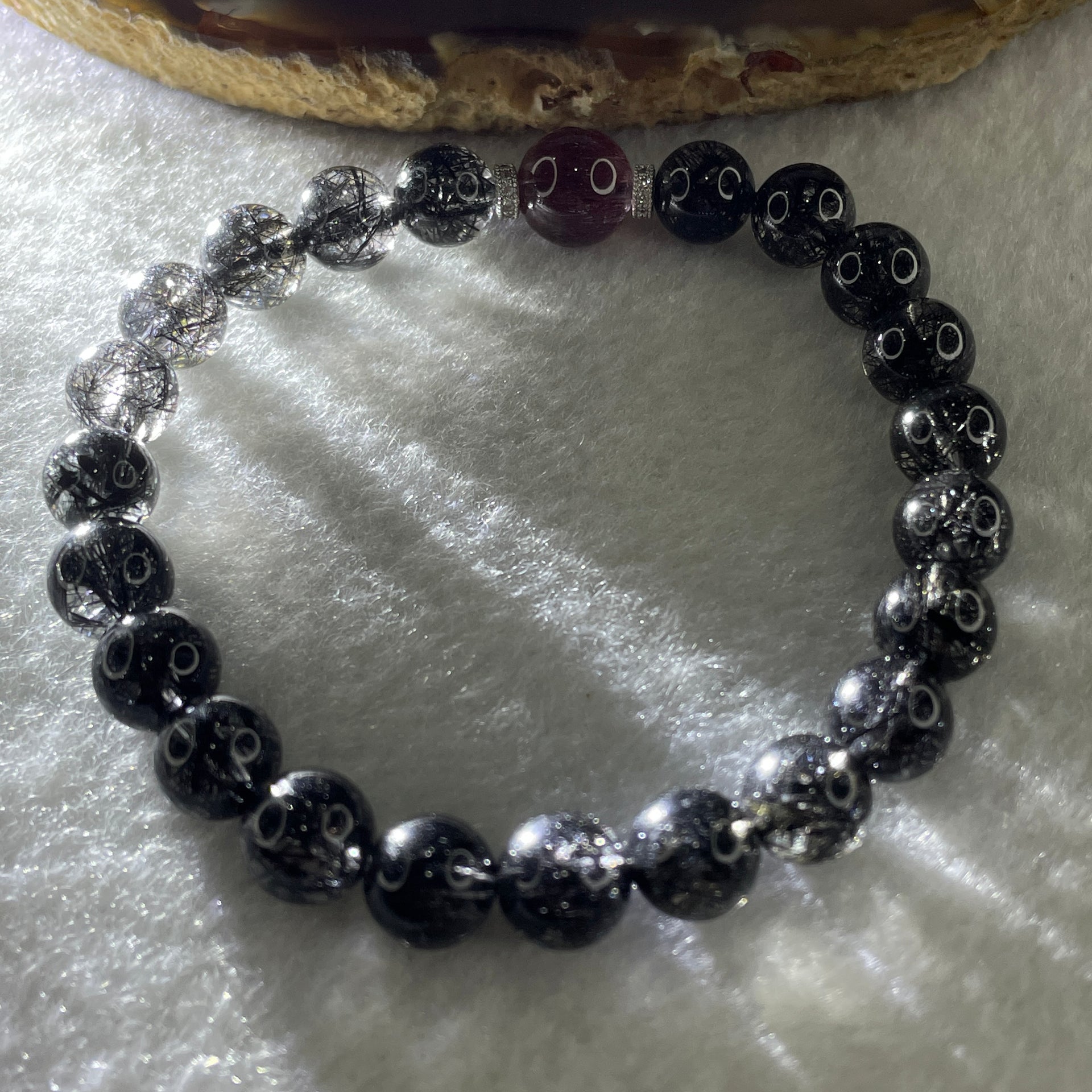 Natural Black Rutilated Quartz with Strawberry Quartz Beads Bracelet 17.79g 16cm 8.2mm 22Beads - 9.4mm 1Bead - Huangs Jadeite and Jewelry Pte Ltd