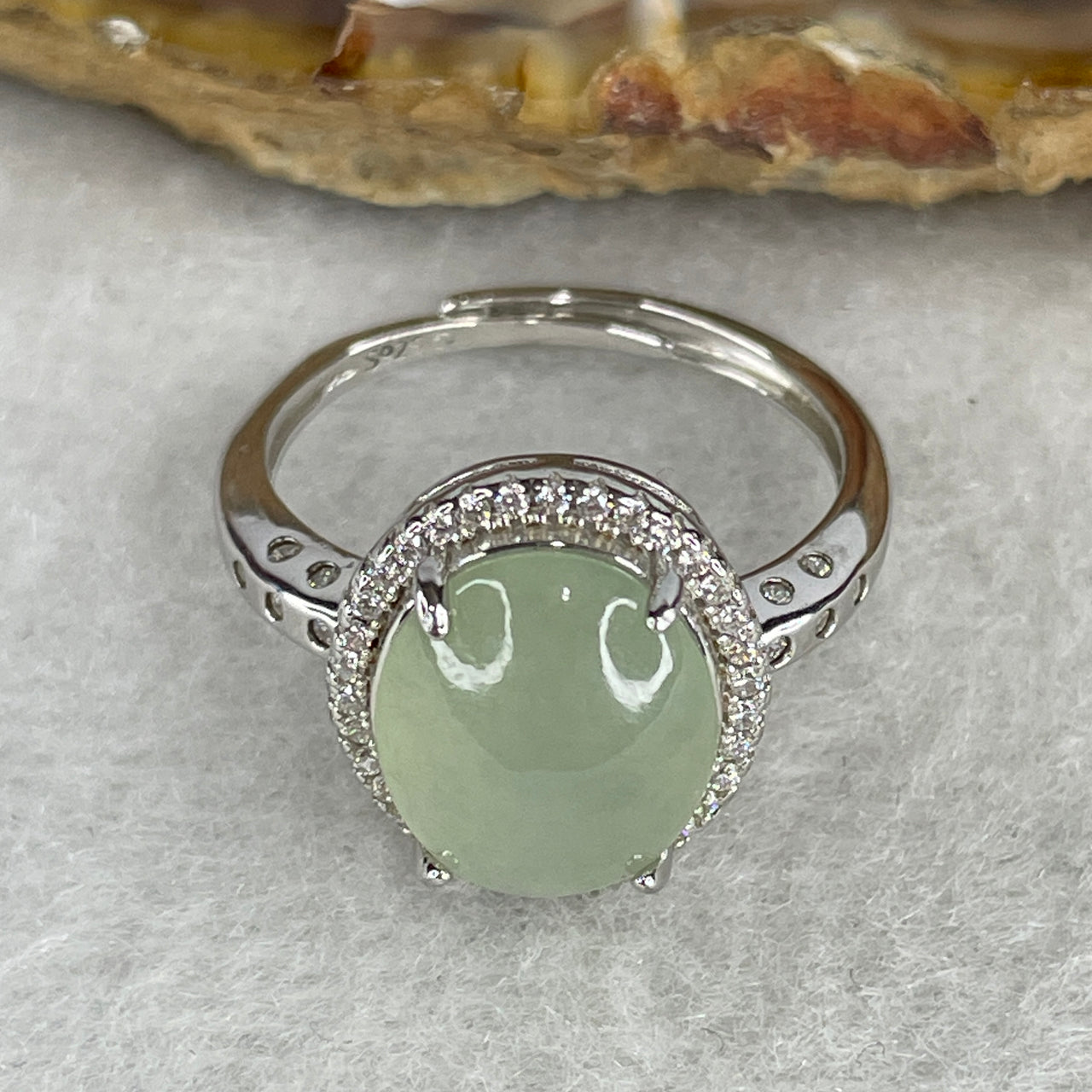 Type A Semi-Icy Light Green Jadeite Statement Ring | Volumetric Cushion Cabochon | Solid S925 Sterling Silver Setting | Smart Adjustable Sizing (3.58g 12.1x9.7x5.0mm)