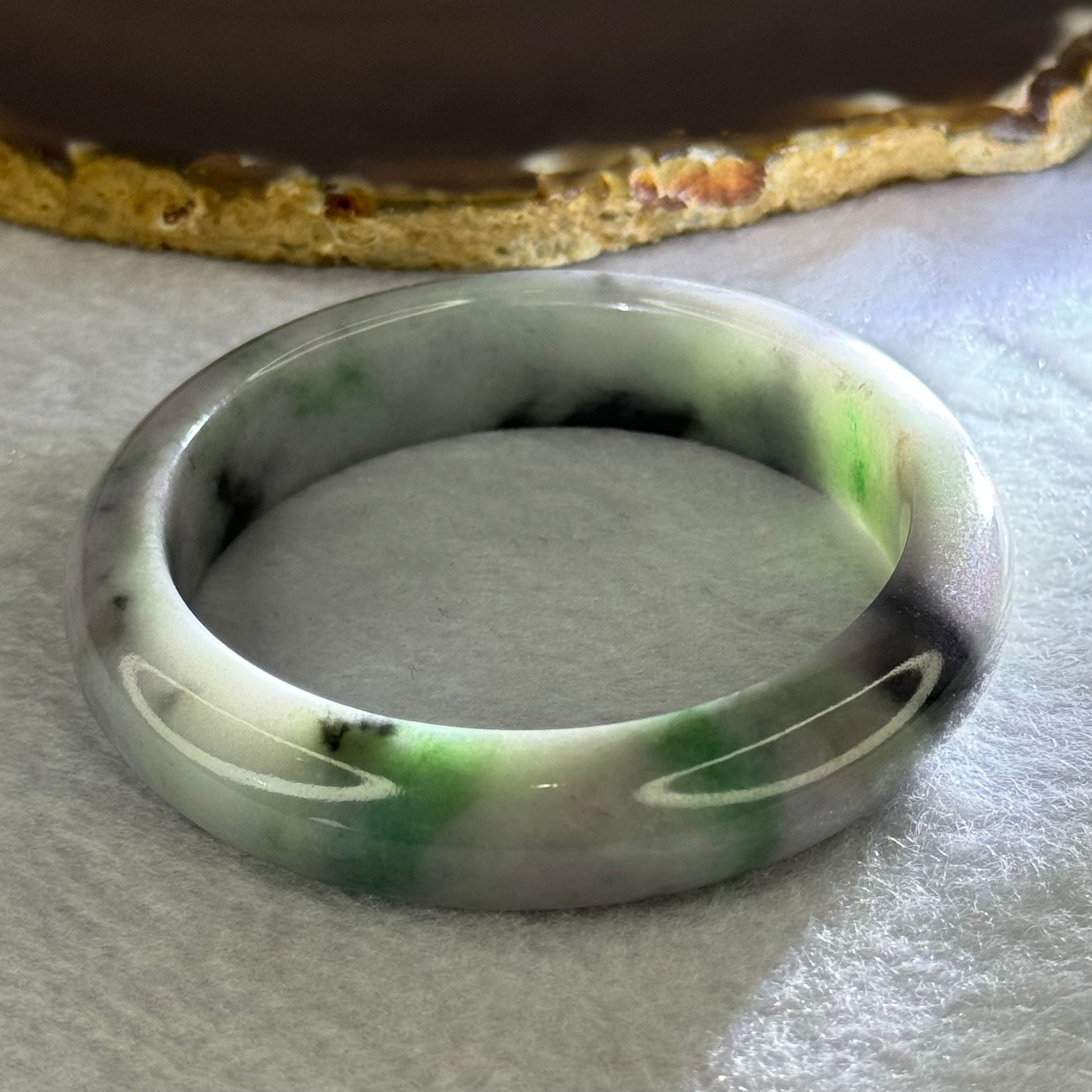 Type A Deep Lavender with Green and Grey Patches Jadeite Bangle 57.0mm 67.76g 14.0 by 9.1mm (Slight Internal Line) - Huangs Jadeite and Jewelry Pte Ltd