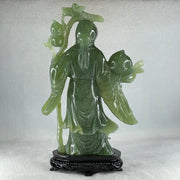 Natural Dark Green Serpentine Shou Xing Gong with Longevity Peach with Wooden Stand Display 1,383.8g 167.0 by 265.0 by 62.0mm - Huangs Jadeite and Jewelry Pte Ltd