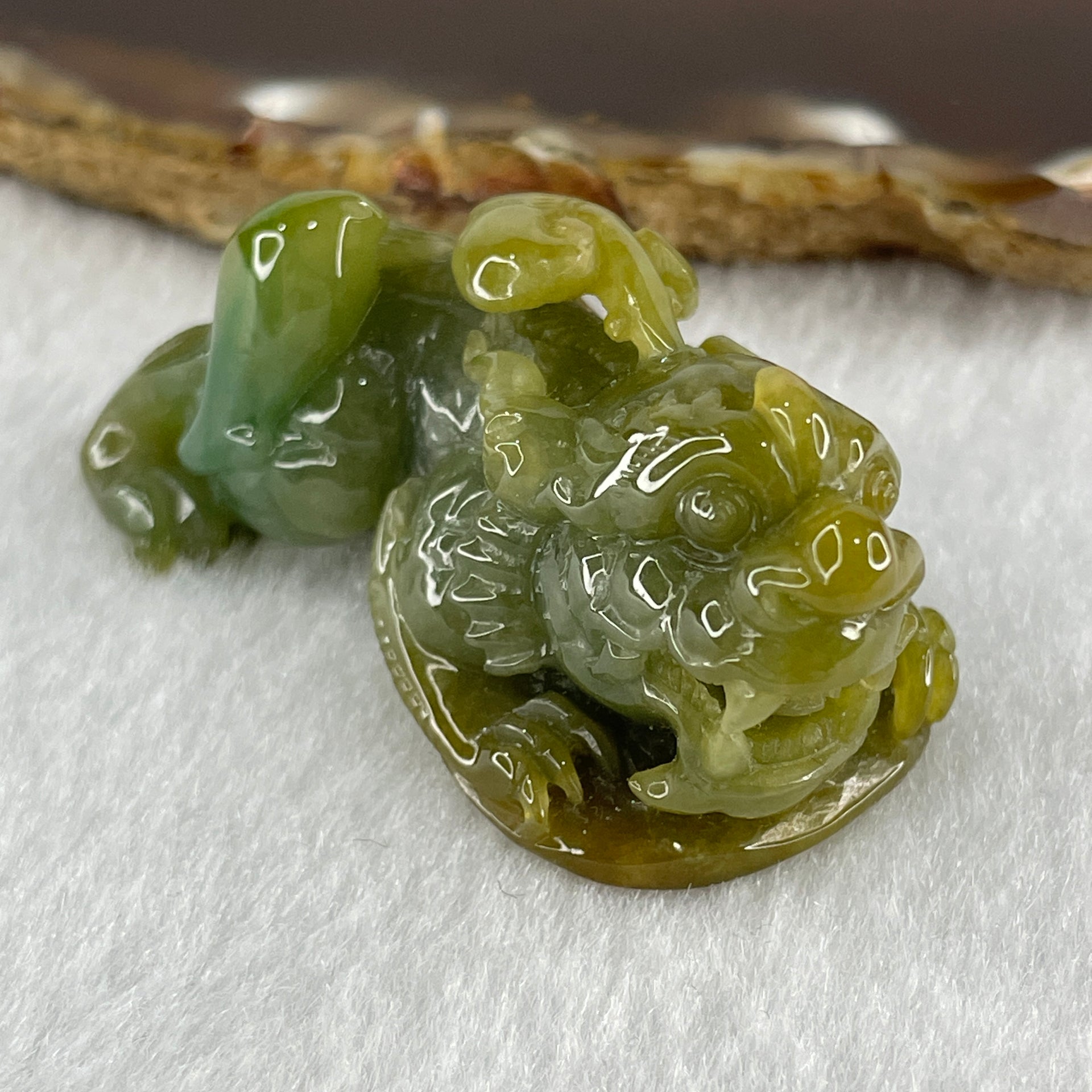 Grand Master Type A Yellow with Blueish Green Jadeite Pixiu Pendant 38.92g 50.7 by 24.3 by 24.7mm - Huangs Jadeite and Jewelry Pte Ltd