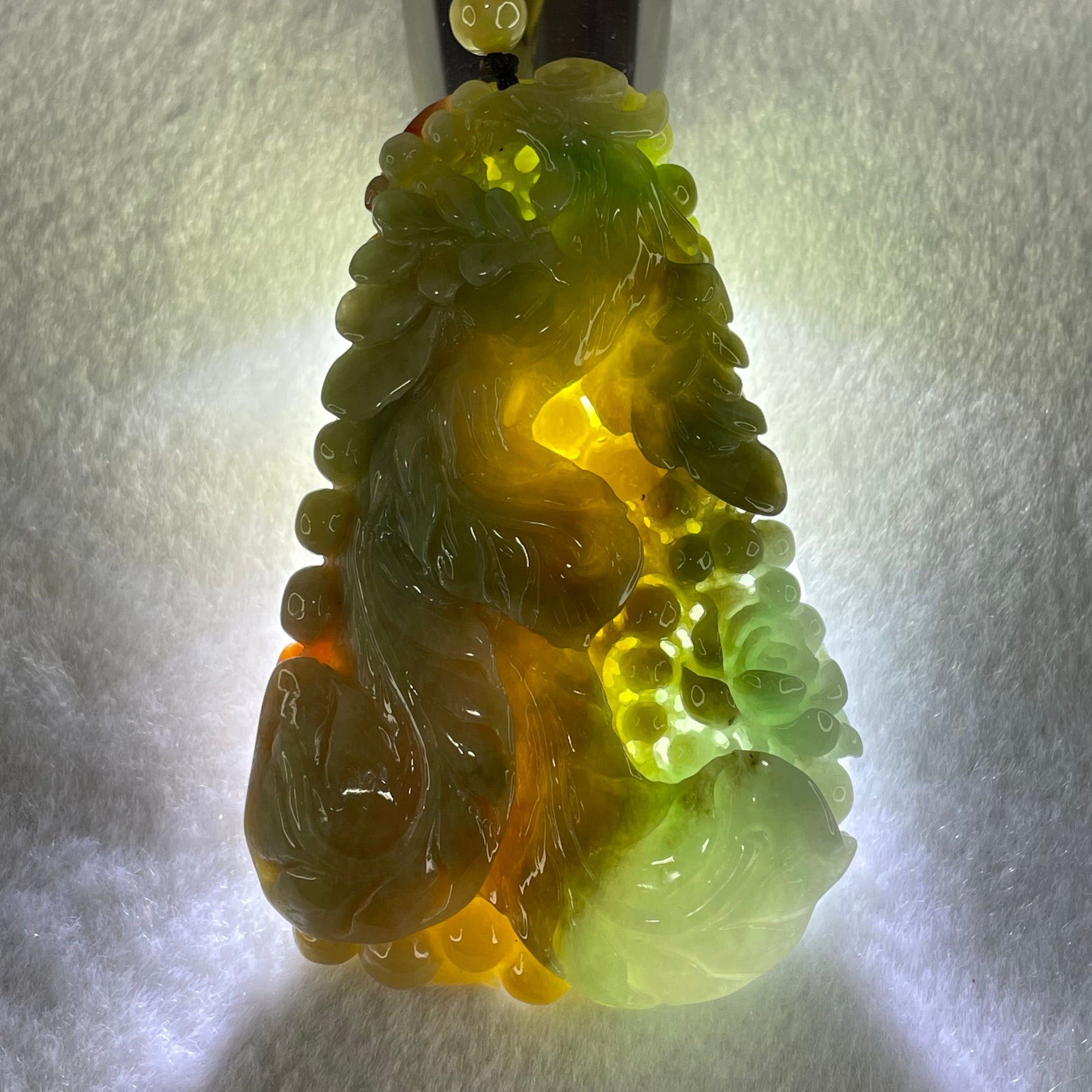 Grandmaster Type A Brownish Green and Faint Lavender Green Jadeite Double Sided Phoenix and Flower Pendant 凤戏牡丹 93.05g 79 by 50.6 by 13mm - Huangs Jadeite and Jewelry Pte Ltd