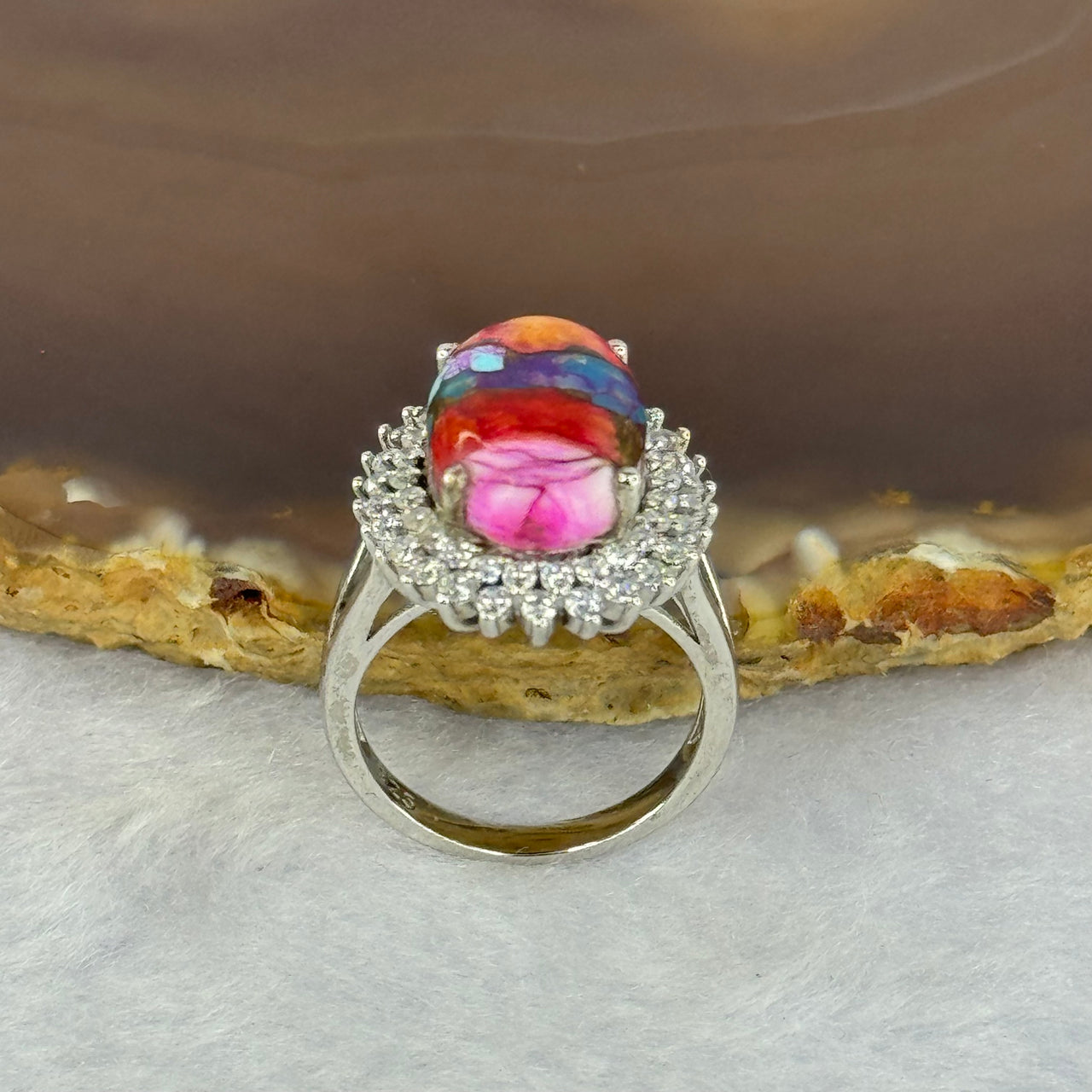Rainbow Calsilica in S925 Sliver Ring 19.0 by 14.9 by 6.5mm US5.75 HK12.5 - Huangs Jadeite and Jewelry Pte Ltd
