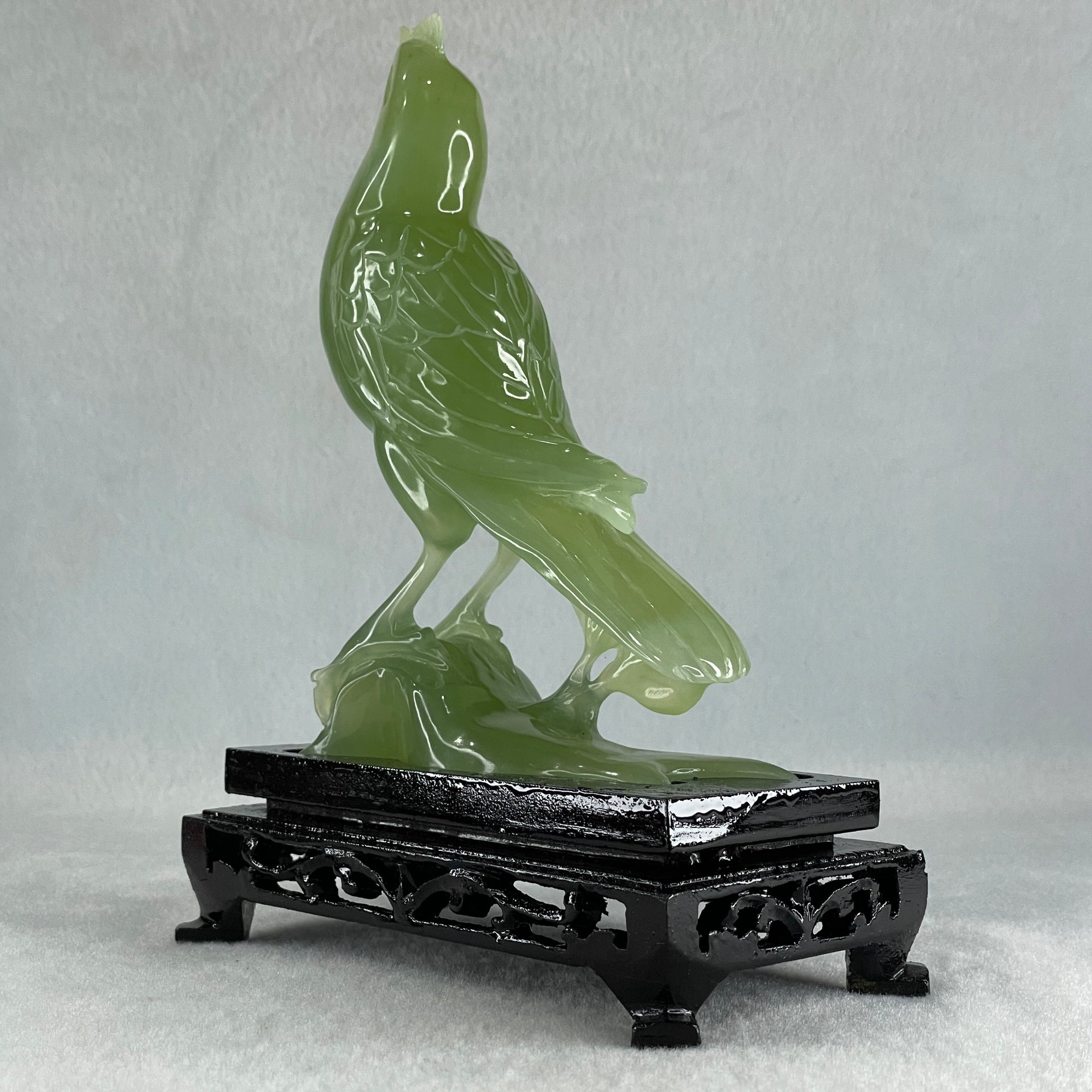 Natural Green Serpentine Javan Mynah Birds on Tree with Wooden Stand Display 353.6g 122.0 by 174.0 by 63.5mm - Huangs Jadeite and Jewelry Pte Ltd
