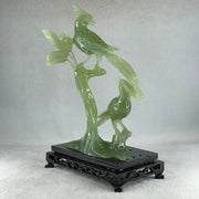 Natural Green Serpentine Double Phoenix on Tree with Wooden Stand Display 561.4g 165.0 by 246.0 by 102.0mm - Huangs Jadeite and Jewelry Pte Ltd