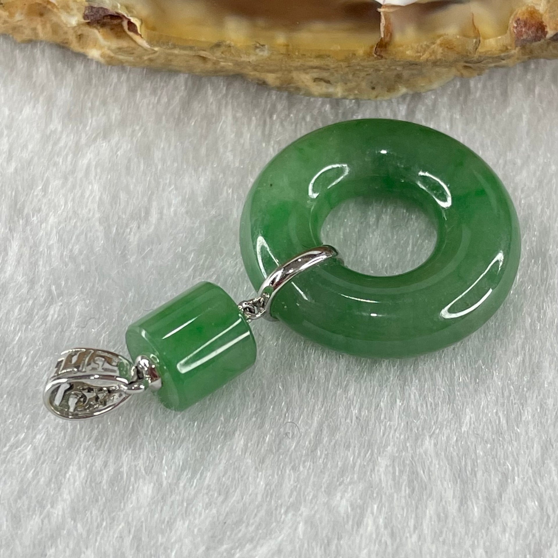Type A Blueish Green Jadeite Ping An Kou Donut 18.5 by 4.9mm Lulu Tong 5.9 by 6.2mm in 18k White Gold Pendant 3.83g - Huangs Jadeite and Jewelry Pte Ltd