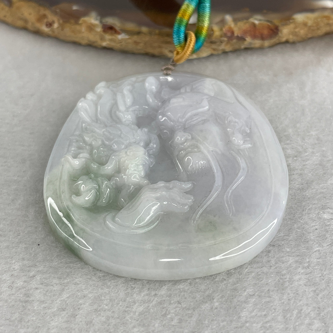 Breathtaking "Spring with Peach" Jadeite Sculpture - Natural Light Lavender & Green Type A Jade - 53mm Guan Gong & Dragon - 38.24g Hand-Carved Masterpiece 53.7x46.8x7.0mm
