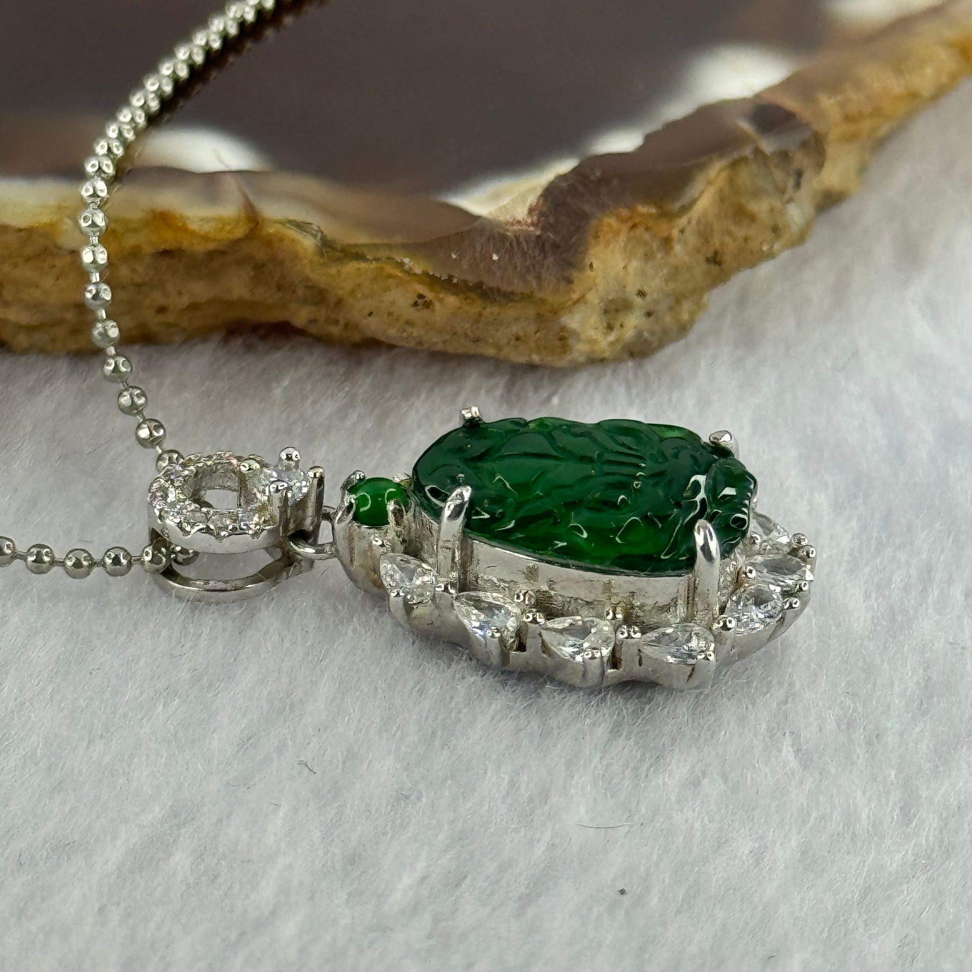 Type A Icy Green Omphasite Jadeite Dragon Head with Crystals in S925 Sliver Necklace 5.11g 13.5 by 9.1 by 2.0mm - Huangs Jadeite and Jewelry Pte Ltd