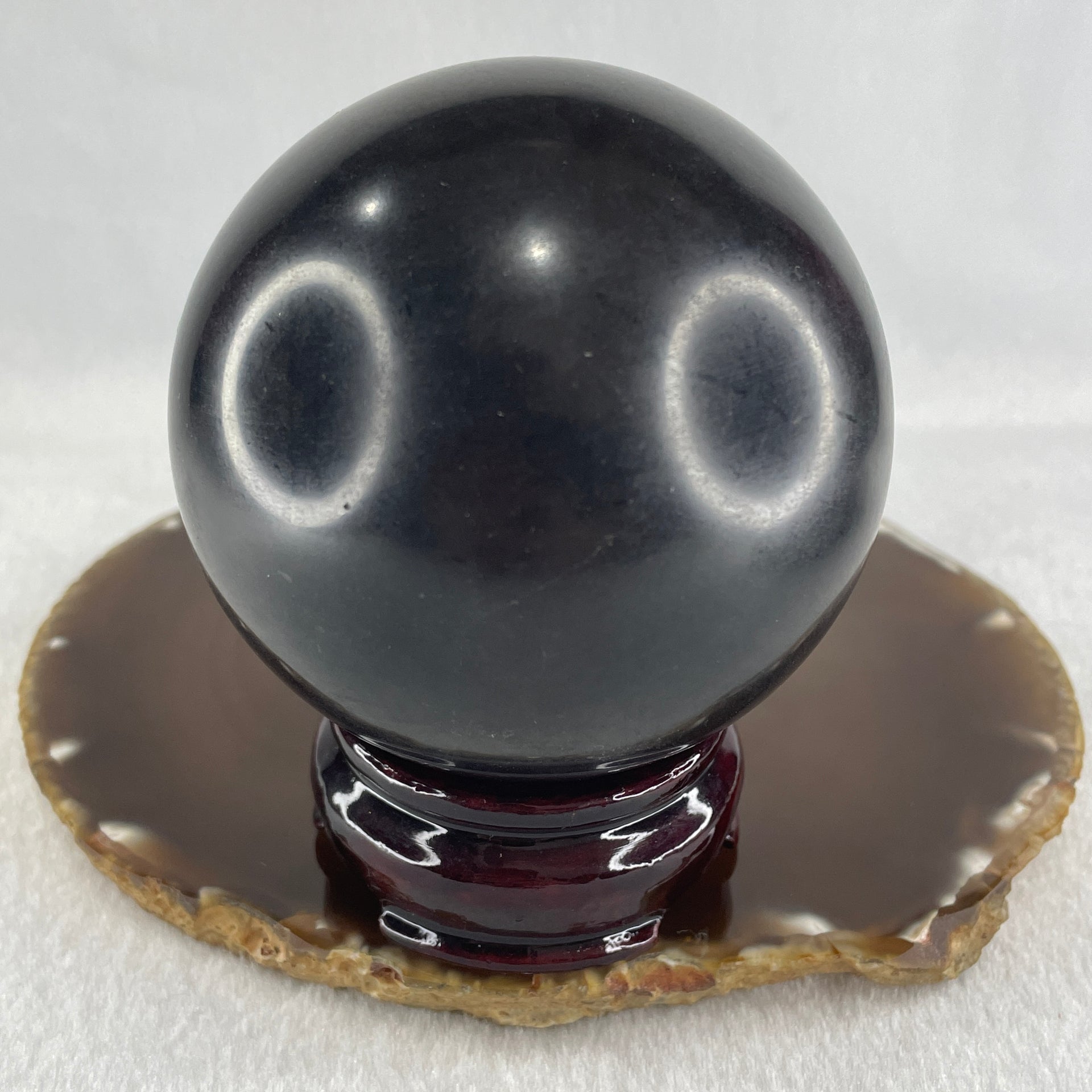 Natural Shungite Ball Display With Wooden Stand 775.36g 78.0 by 97.5mm - Huangs Jadeite and Jewelry Pte Ltd