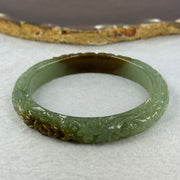 Type A Blueish Green and Brown Patches Jadeite Lotus Flowers Bangle 39.19g Internal Diameter 55.2mm 10.9 by 8.2mm - Huangs Jadeite and Jewelry Pte Ltd
