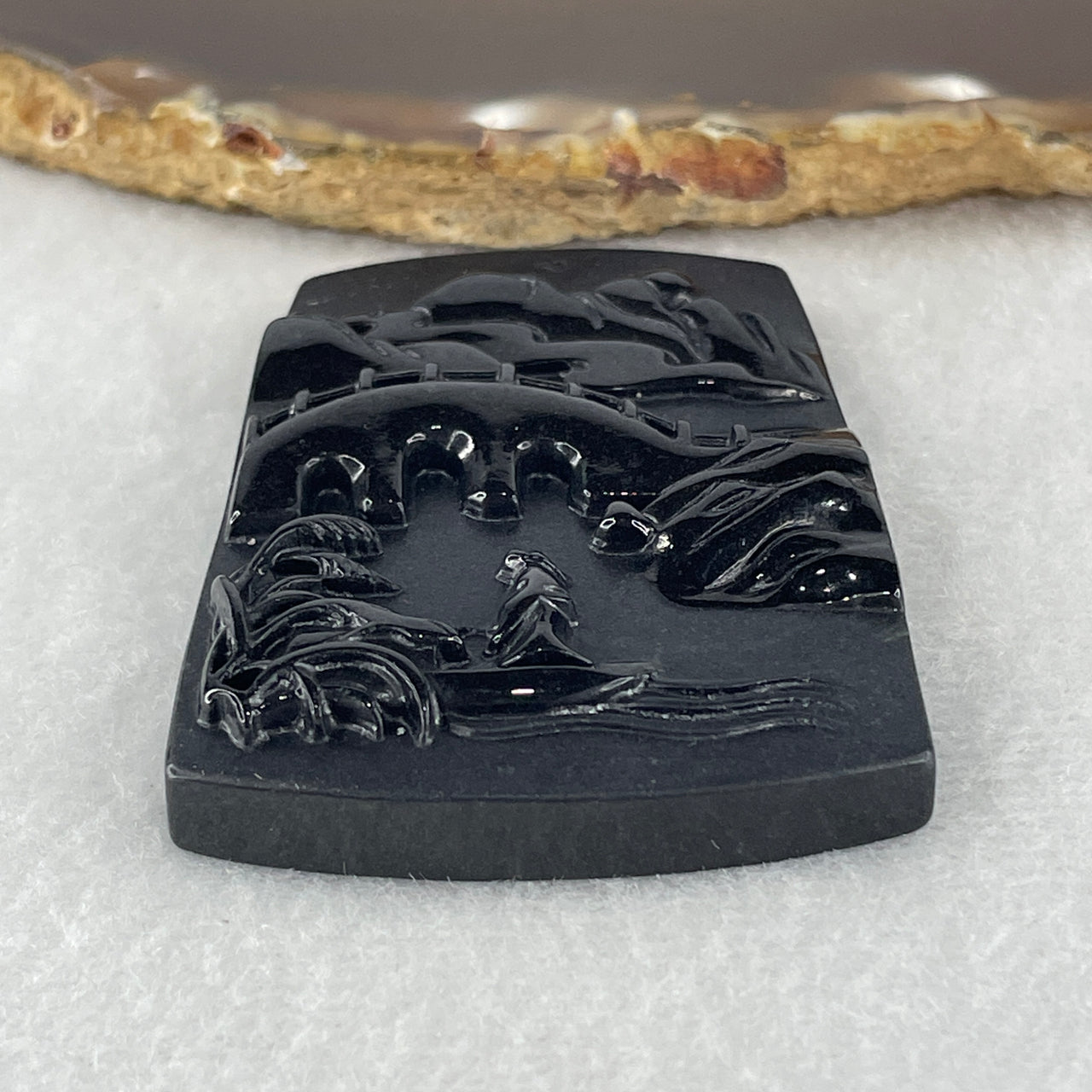 Certified Natural Type A Black Omphacite Jadeite Shan Shui with Guiren Benefactor Pendant 26.97g 61.2 by 42.4 by 9.2mm