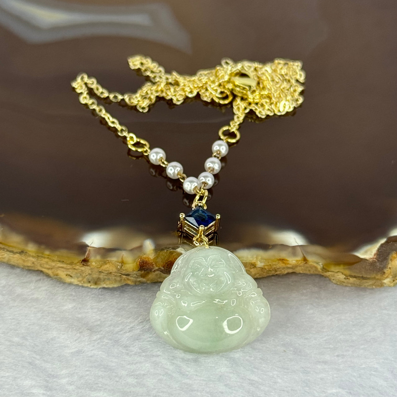 Type A Green Jadeite Milo Buddha Pendent Gold Color Necklace 5.28g 17.8 by 19.6 by 5.6mm - Huangs Jadeite and Jewelry Pte Ltd