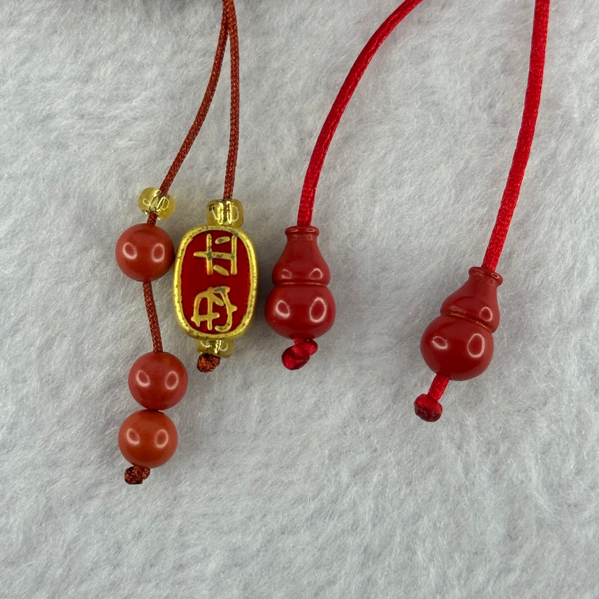 Natural Red Cinnabar Beads with 3D Baby Deer Pendent and Hulu Pair Charm 49.10g 8.3mm 20 Beads 35.2 by 28.9 by 18.7mm - Huangs Jadeite and Jewelry Pte Ltd