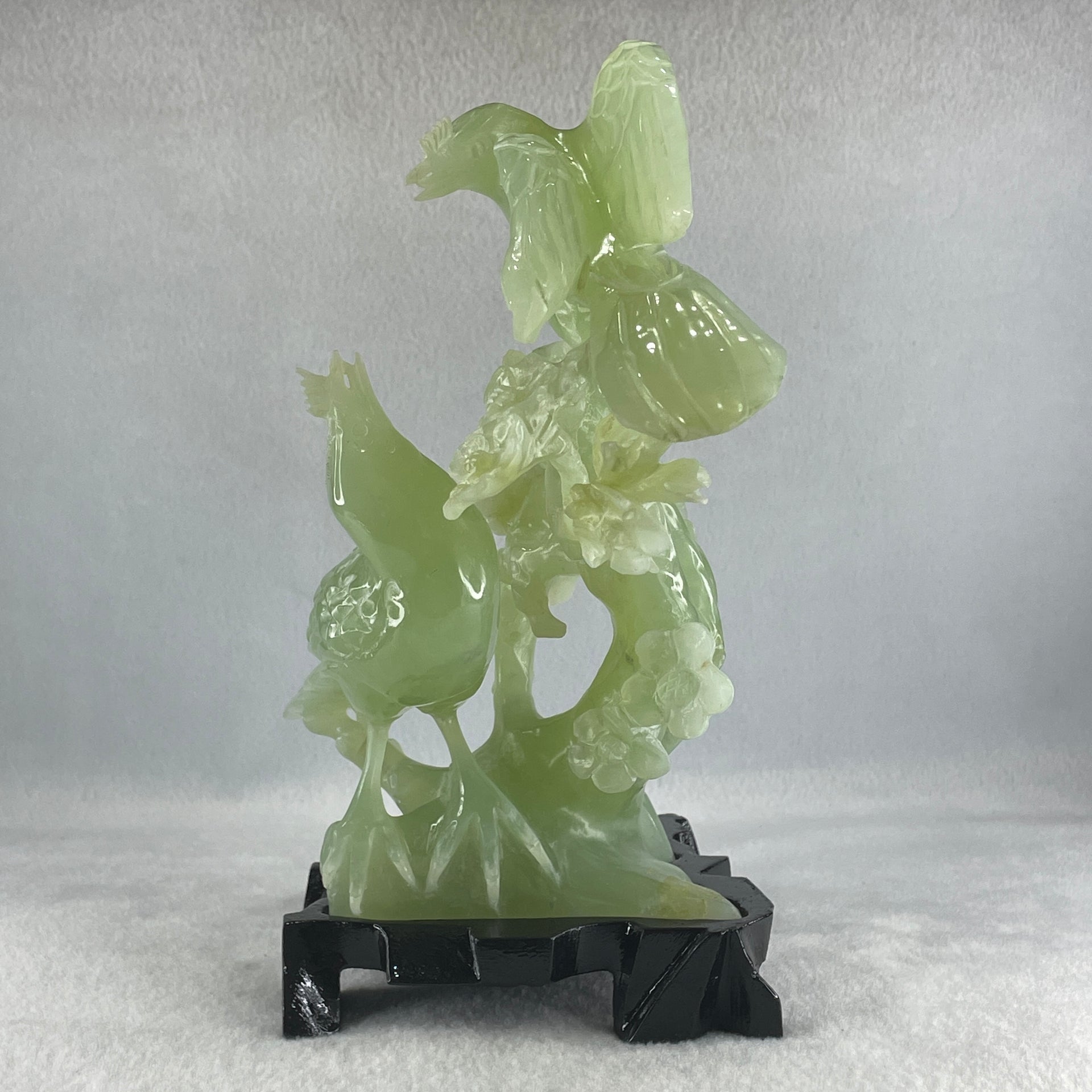 Natural Light Green Serpentine Javan Mynah Twin Birds on Flower Tree with Wooden Stand Display 1,043.4g 115.0 by 125.0 by 210.0mm - Huangs Jadeite and Jewelry Pte Ltd