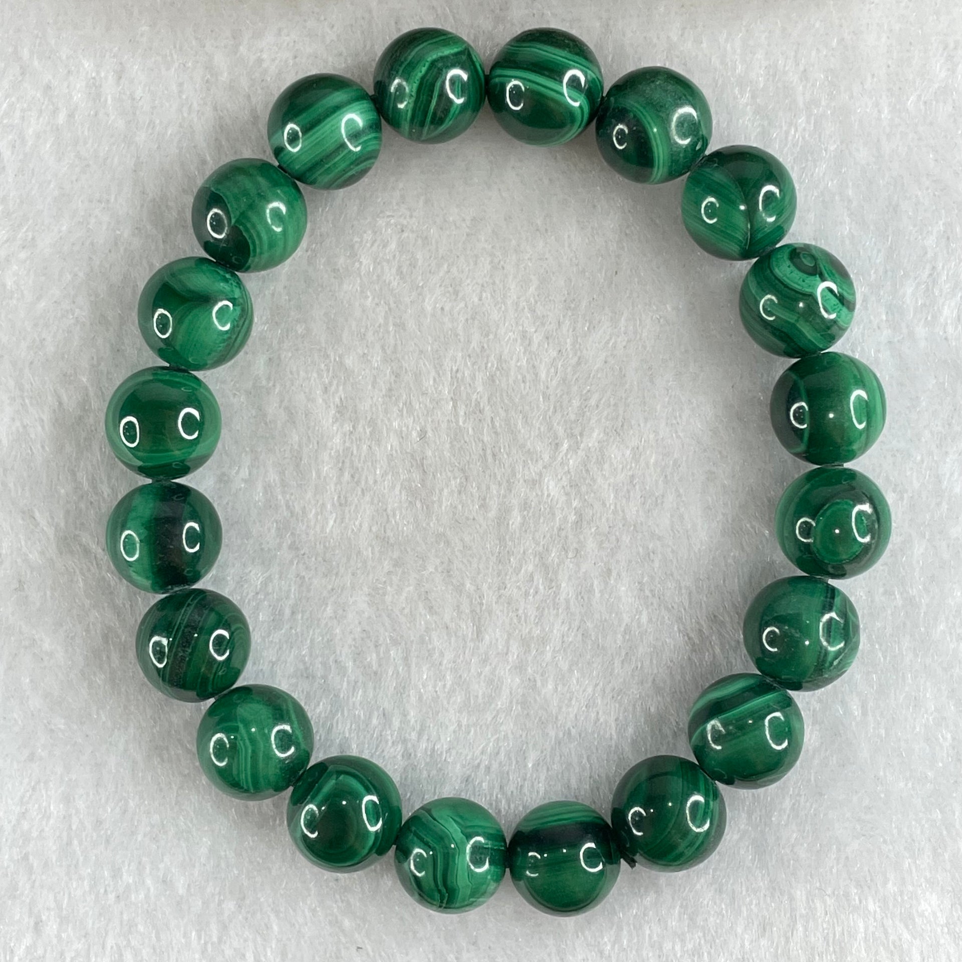 Very Good Grade Natural Green Malachite Beads Bracelet 天然孔雀石手链 35.07g 15.5cm 9.6mm 20 Beads - Huangs Jadeite and Jewelry Pte Ltd