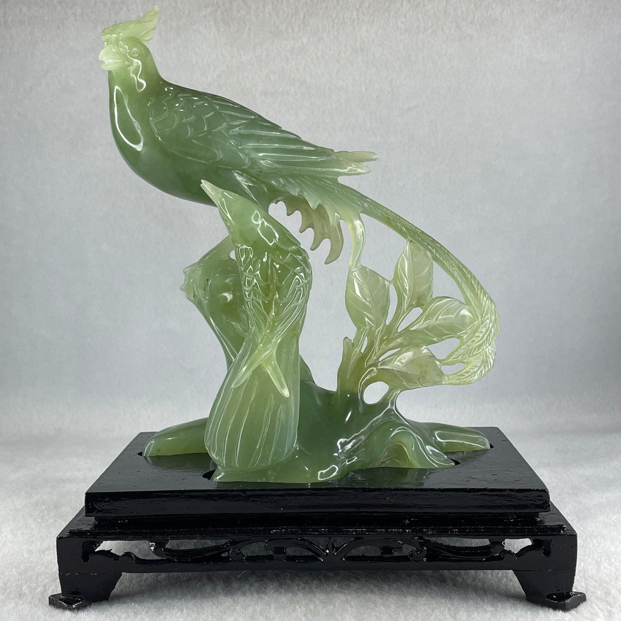 Natural Green Serpentine Double Phoenix on Tree with Wooden Stand Display 725.5g 169.0 by 210.0 by 112.0mm - Huangs Jadeite and Jewelry Pte Ltd