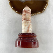 Natural Pink Calcite Tower with Wooden Stand Display 224.79g 73.0 by 62.0 by 147.5mm - Huangs Jadeite and Jewelry Pte Ltd