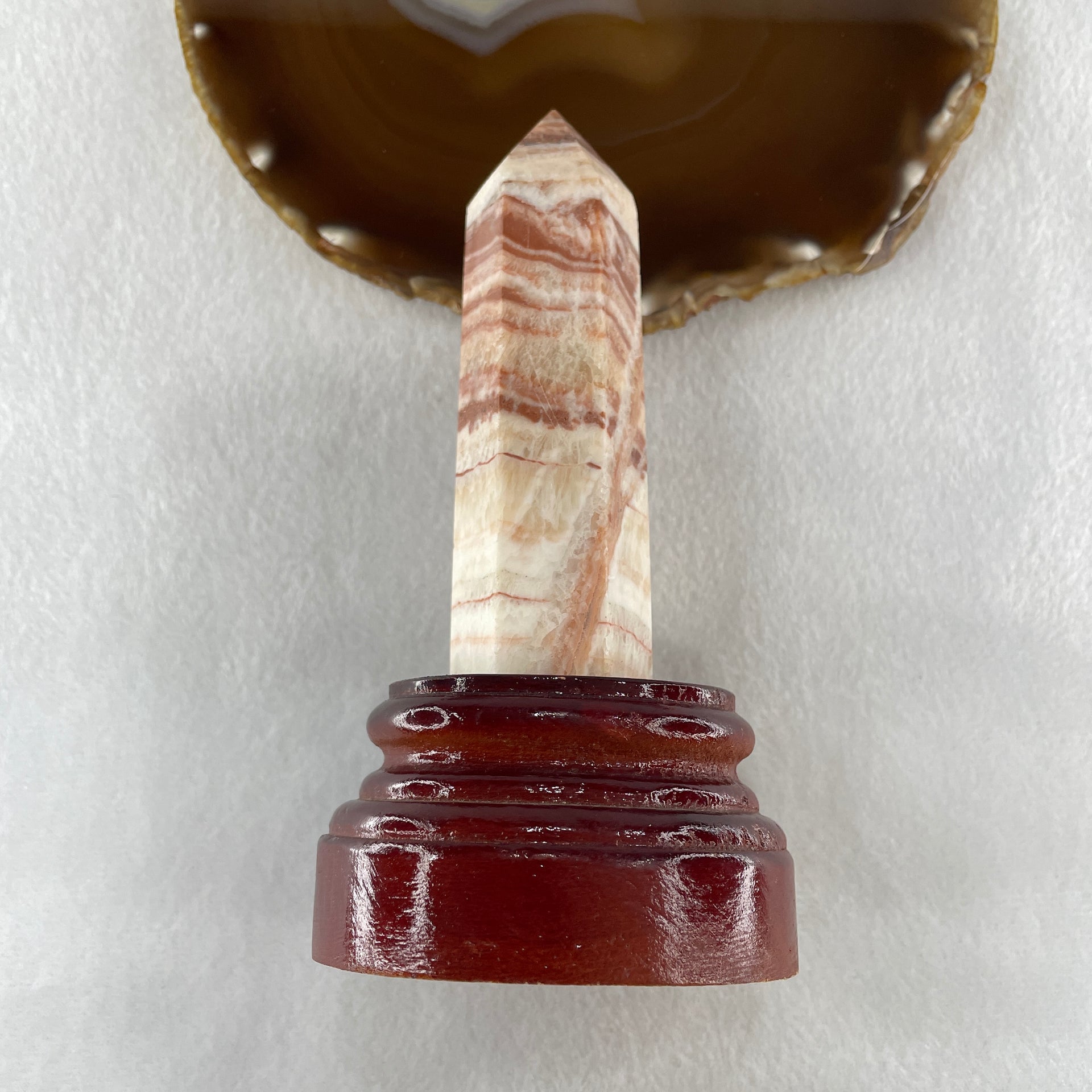 Natural Pink Calcite Tower with Wooden Stand Display 224.79g 73.0 by 62.0 by 147.5mm - Huangs Jadeite and Jewelry Pte Ltd