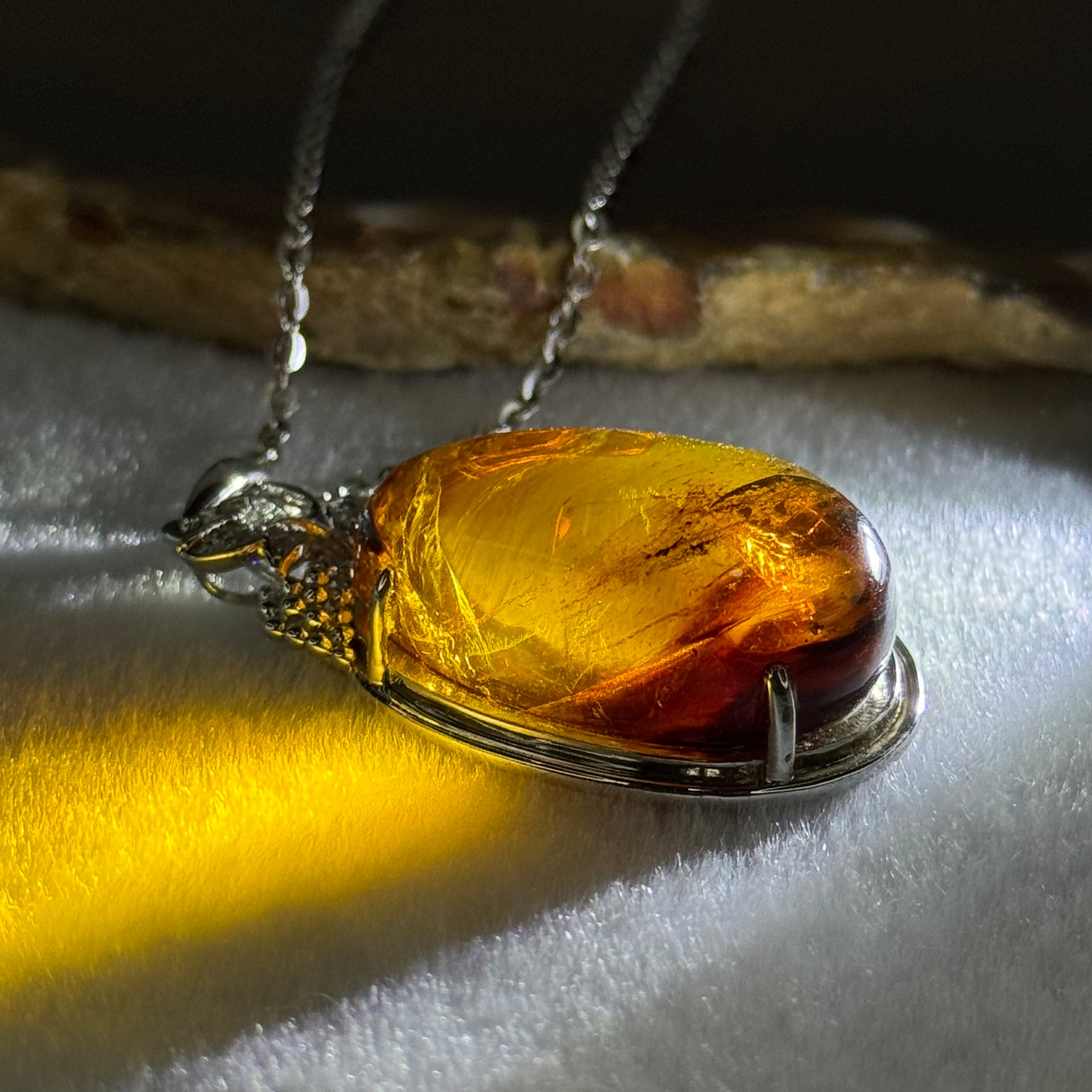 Natural Amber with Cubic Zirconia in S925 Sliver Necklace 15.05g 30.8 by 19.4 by 15.1mm - Huangs Jadeite and Jewelry Pte Ltd