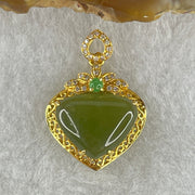 Type A Natural Icy Green Jadeite Heart Shape in 18K 750 Yellow Gold and Diamonds Clasp Pendant 1.83g 10.5 by 13.0 by 3.0mm - Huangs Jadeite and Jewelry Pte Ltd
