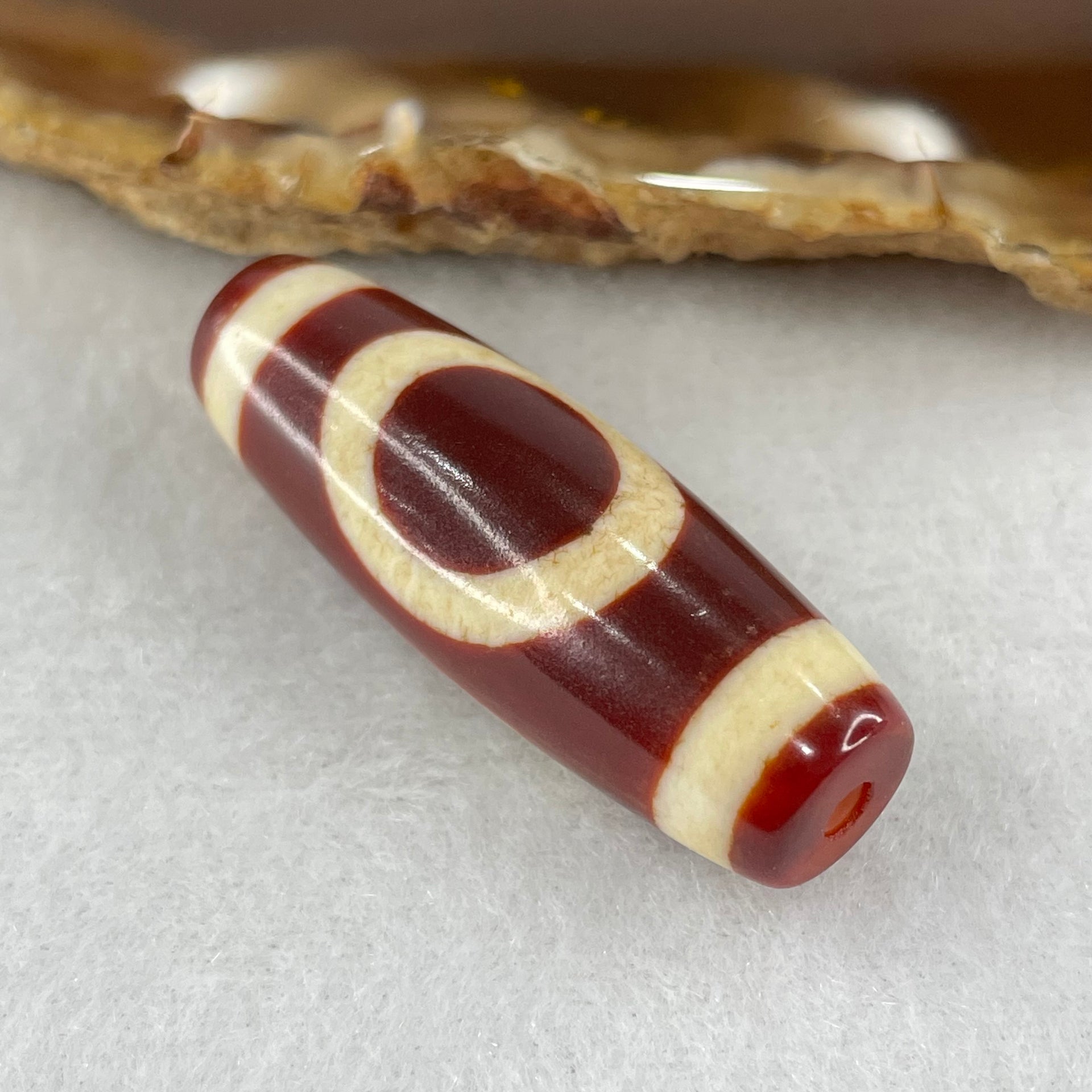 Natural Powerful Tibetan Old Oily Red White Agate One Eye Fire Sign Dzi Bead Heavenly Master (Tian Zhu) 一眼火天珠 9.94g 38.0 by 13.2mm - Huangs Jadeite and Jewelry Pte Ltd