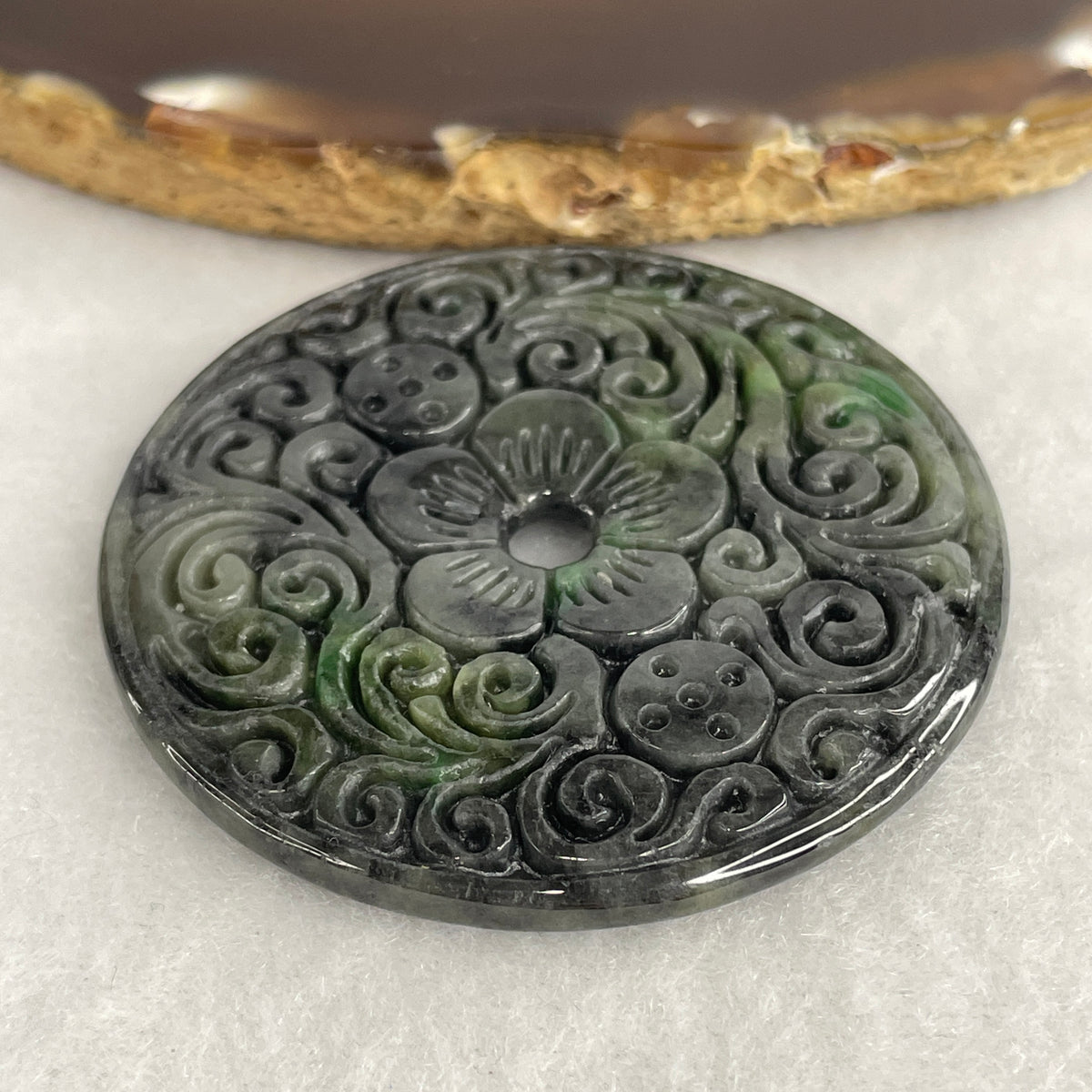 Natural Type A Dark Green & Wuyi Grey Jadeite Prosperity Flowers with Coins Pendant | (29.27g | 52.5x5.8mm | Heart & Root Chakra Harmony, "Hua Kai Fu Gui" Abundance & Ancient Coin Wealth Shield)