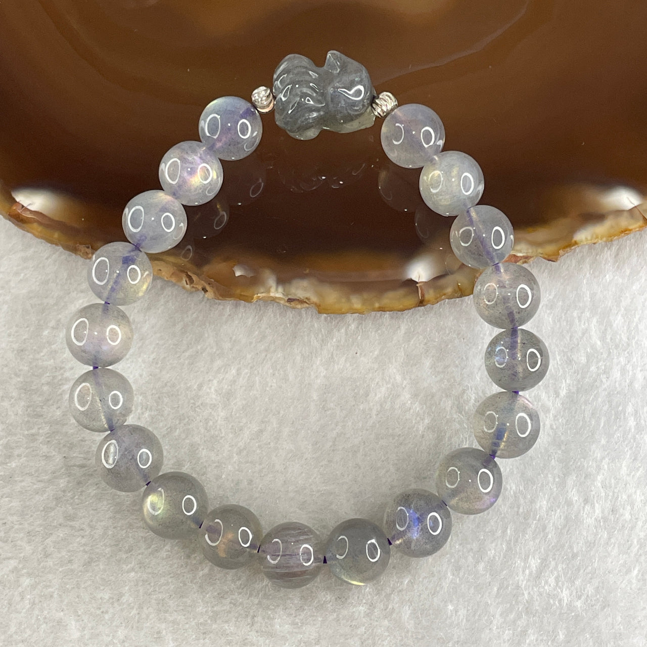 Natural Labradorite Beads Bracelet with 9 Tail Fox Charm 24.55g 16.5cm 9.5mm 19 Beads - 17.3 by 11.2 by 11.3mm 9 Tail Fox - Huangs Jadeite and Jewelry Pte Ltd