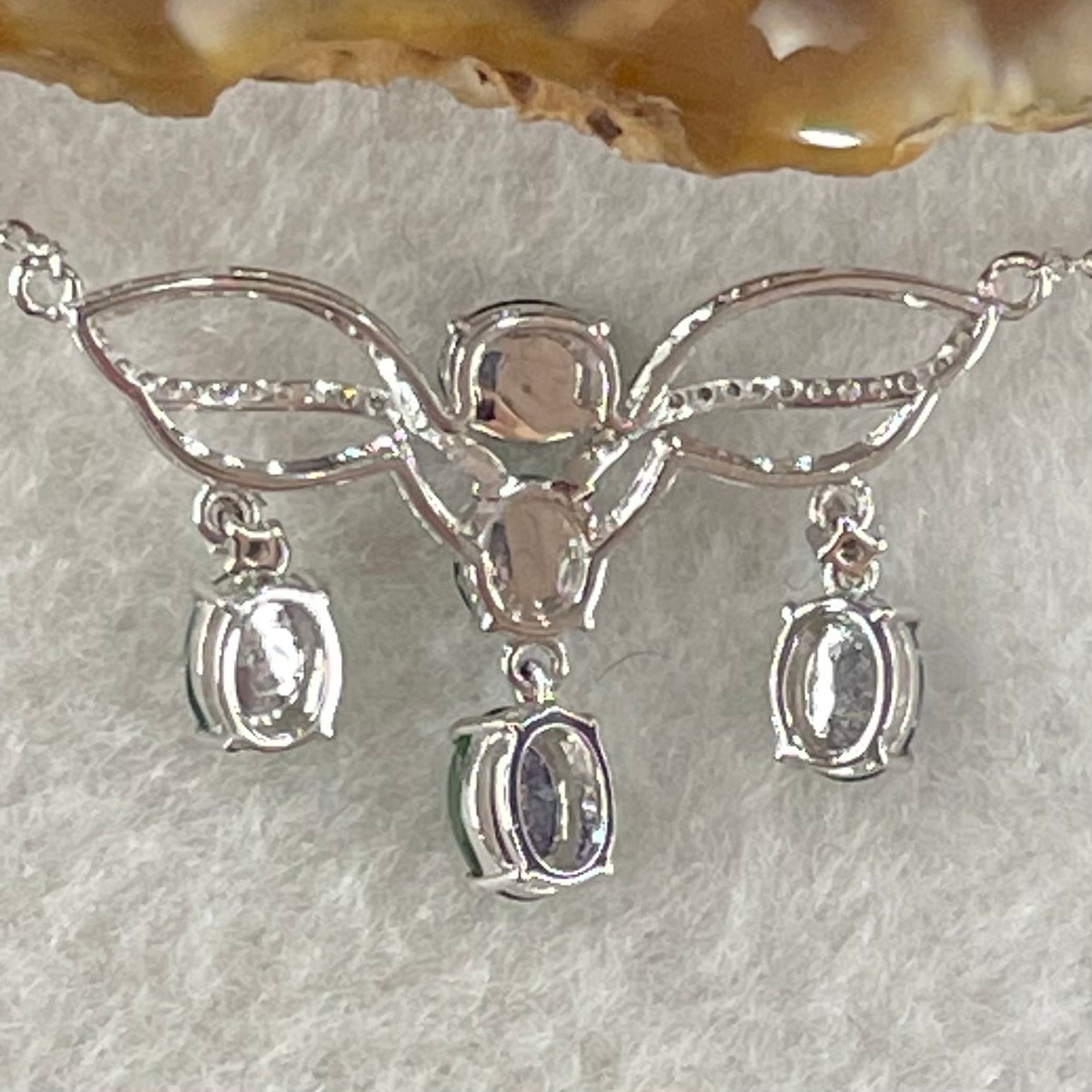 Type A Icy Green Cabouchons with Diamonds in 18K White Gold Necklace 3.48g each about 4.9 by 3.9 by 2.8mm 5 pieces - Huangs Jadeite and Jewelry Pte Ltd