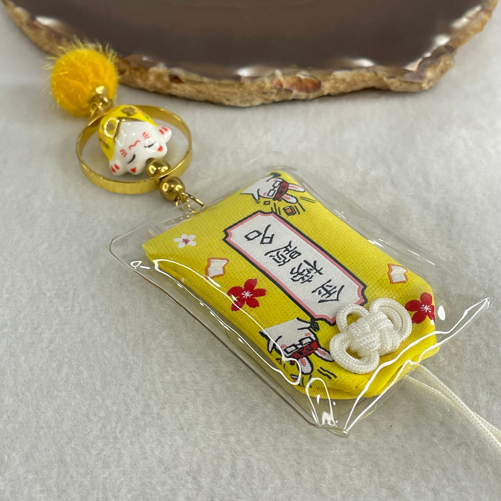 Porcelain Yellow Fortune Cat Yushou Charm 13.88g 15.1 by 17.6 by 14.3mm - Huangs Jadeite and Jewelry Pte Ltd