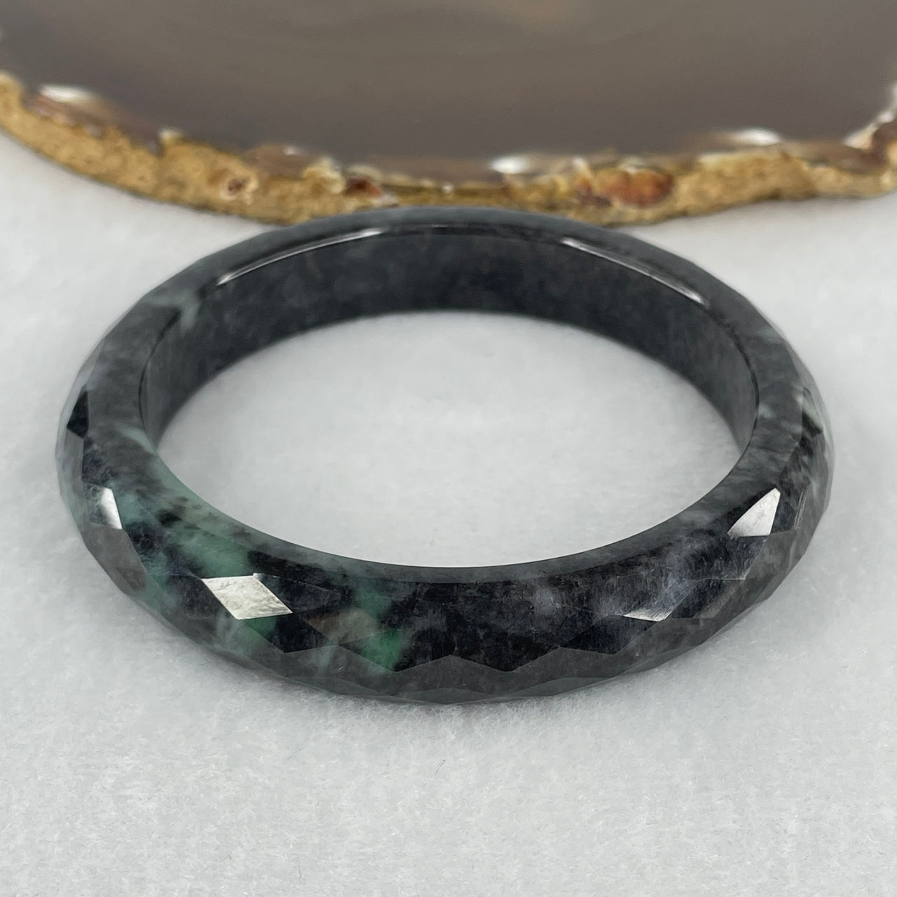 Certified Natural Type A Wuji Grey & Green Jadeite Faceted Bangle | Geometric Multi-Faceted Artisan Polish | "Ink & Emerald" Sovereignty Armor Bangle (62.47g 12.2x10.1mm | 60.2mm Inner Diameter)