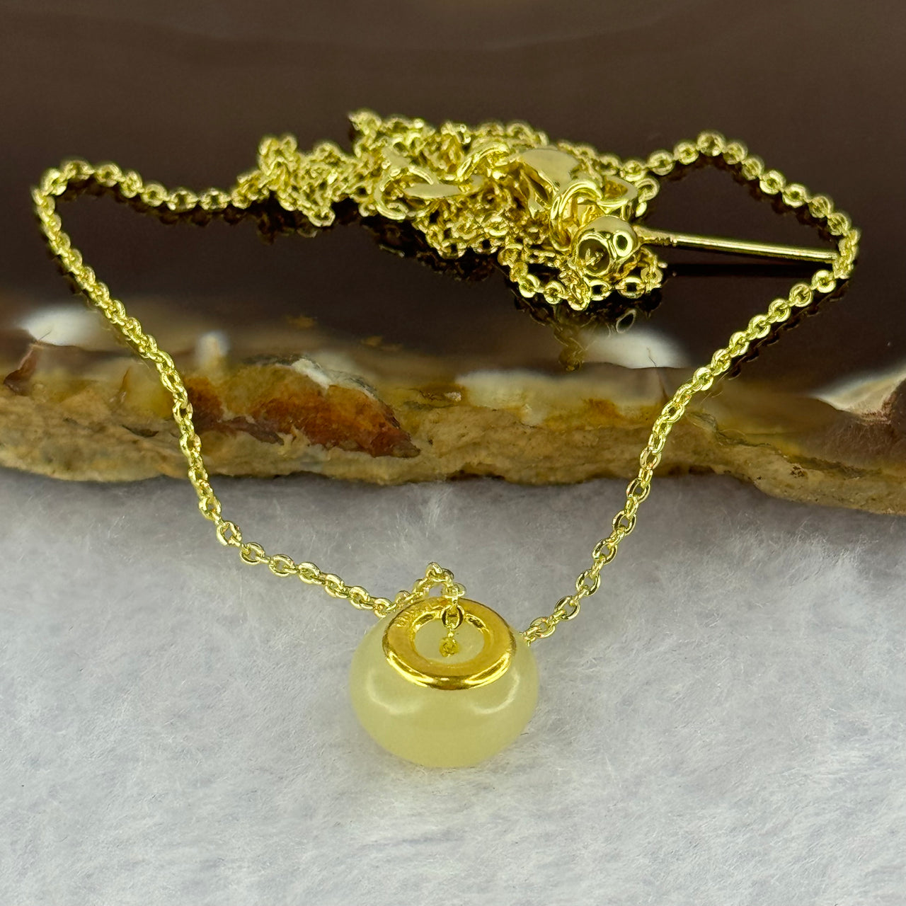 Natural Yellowish Nephrite Ping An Kou Donut 999 Gold Pendent in Gold Color Necklace 2.85g 10.0 by 6.0mm - Huangs Jadeite and Jewelry Pte Ltd