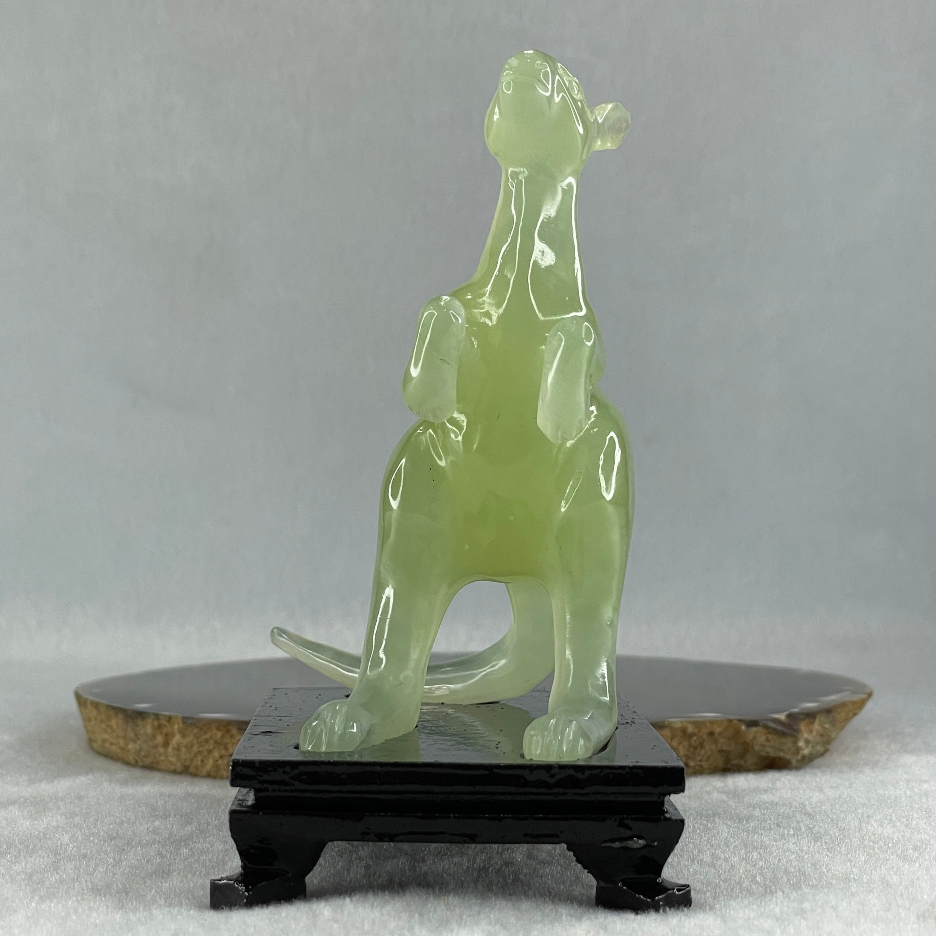 Natural Green Serpentine Kangaroo with Wooden Stand Display 172.6g 100.8 by 63.0 by 115.0mm - Huangs Jadeite and Jewelry Pte Ltd